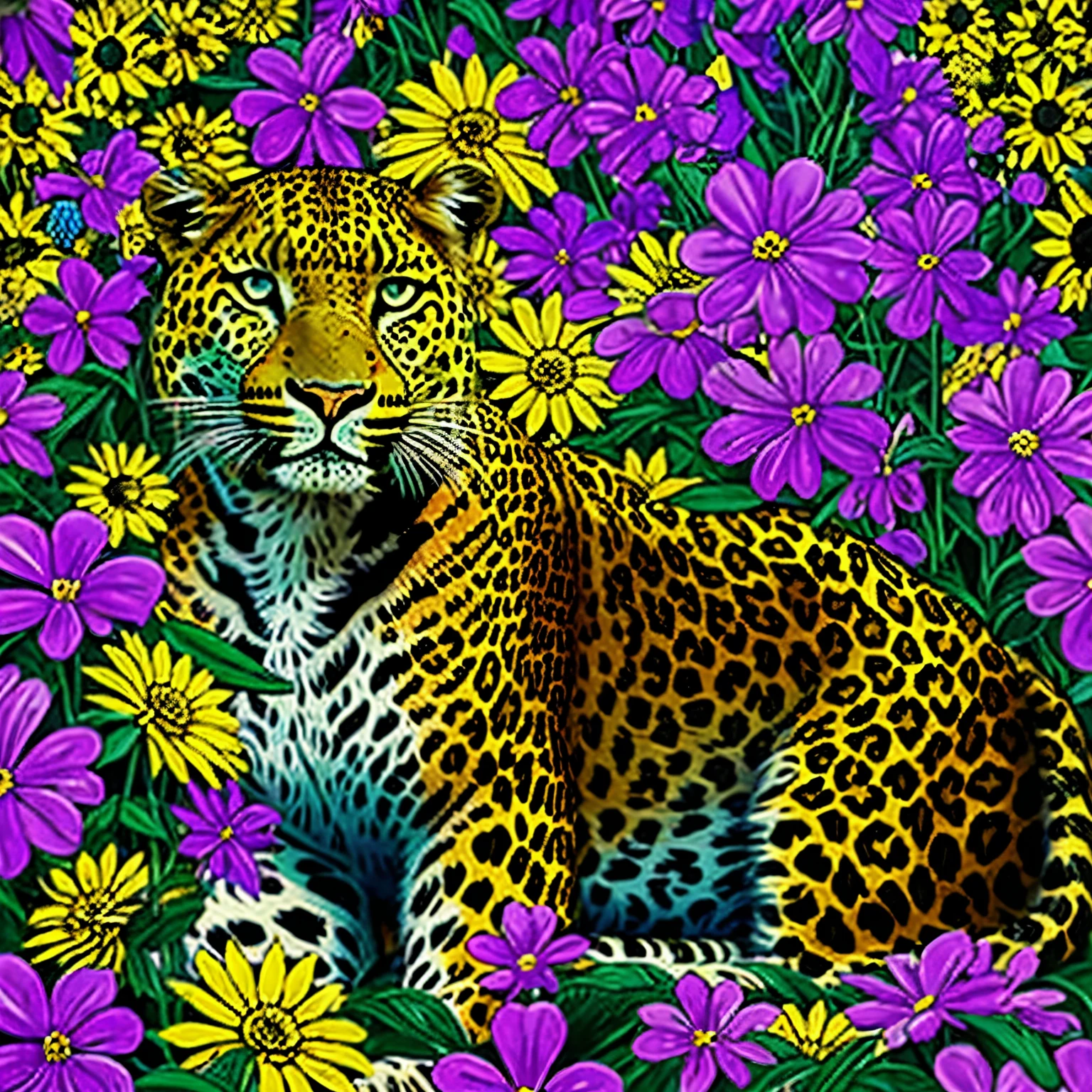 A full-length leopard sits regally among flowers, with a pop art painting by Annabel Kidston, winner of the behance competition, "naive art", "maximalism", "fauvism", "pop art".