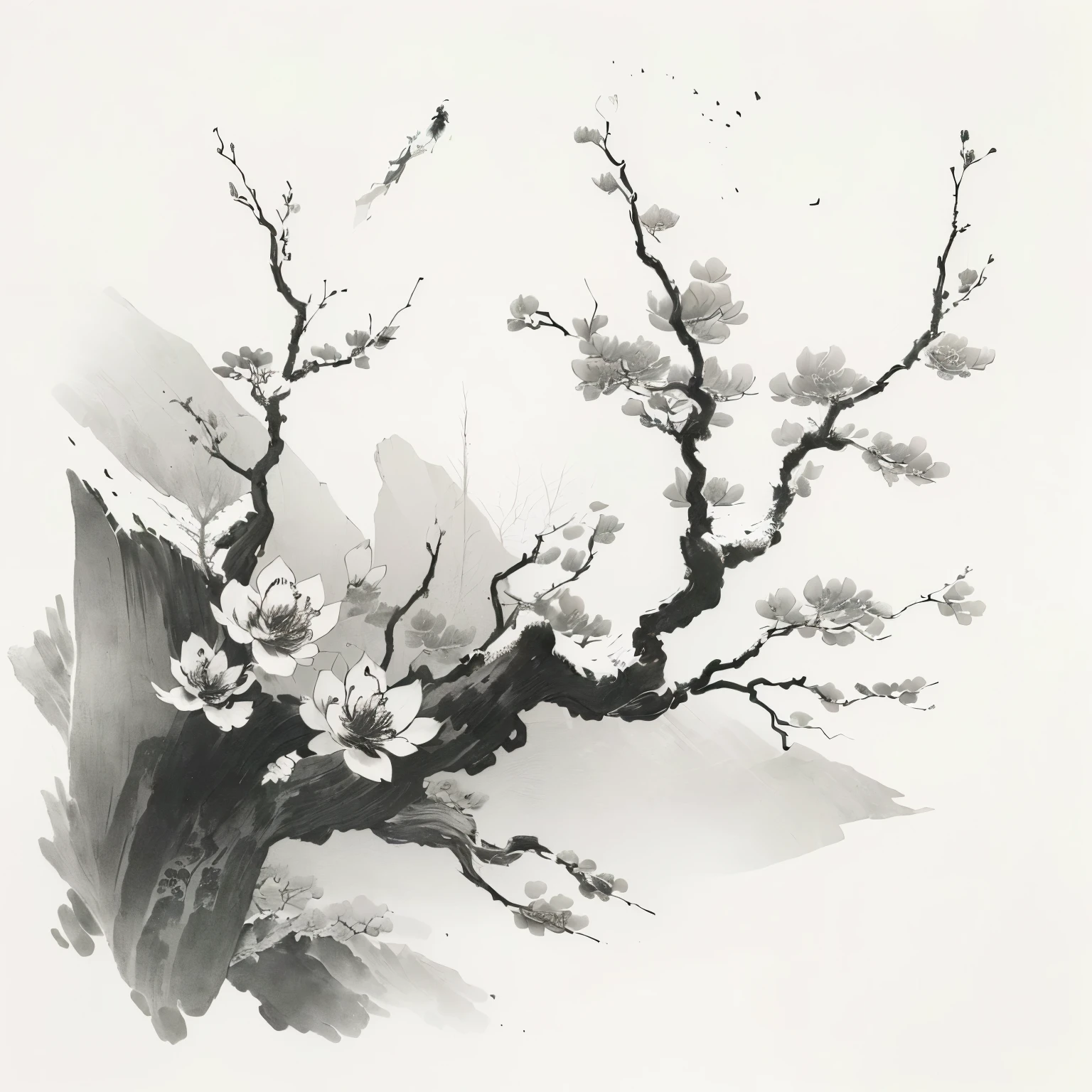 There is a black and white photo of a tree branch, traditional Chinese Ink Painting, Chinese Ink Painting, traditional Chinese painting, Chinese Ink Painting, Chinese painting style, Ink electronic art, Chinese style, author:Gao Qipei, plum bossom, Chinese painting, Chinese watercolor style, by Shen Quan, qi sheng luo, Traditional Chinese Art