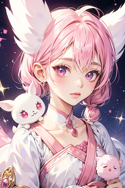 Puchimochitchi has a white body with a pink face and dark pink ears. She has eyelashes and a "V"-shaped mouth. SPARKLE; GLITTER