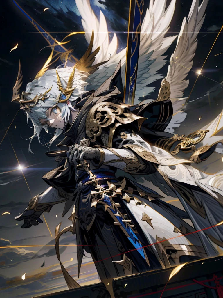 Anime characters with wings and swords in the dark sky, From the night of the ark, arknight, trending on artstation pixiv, Detailed key anime art, by Yang J, high detailed official artwork, Guweiz in Pixiv ArtStation, Guweiz on ArtStation Pixiv, Keqing from Genshin Impact, chengwei pan on artstation