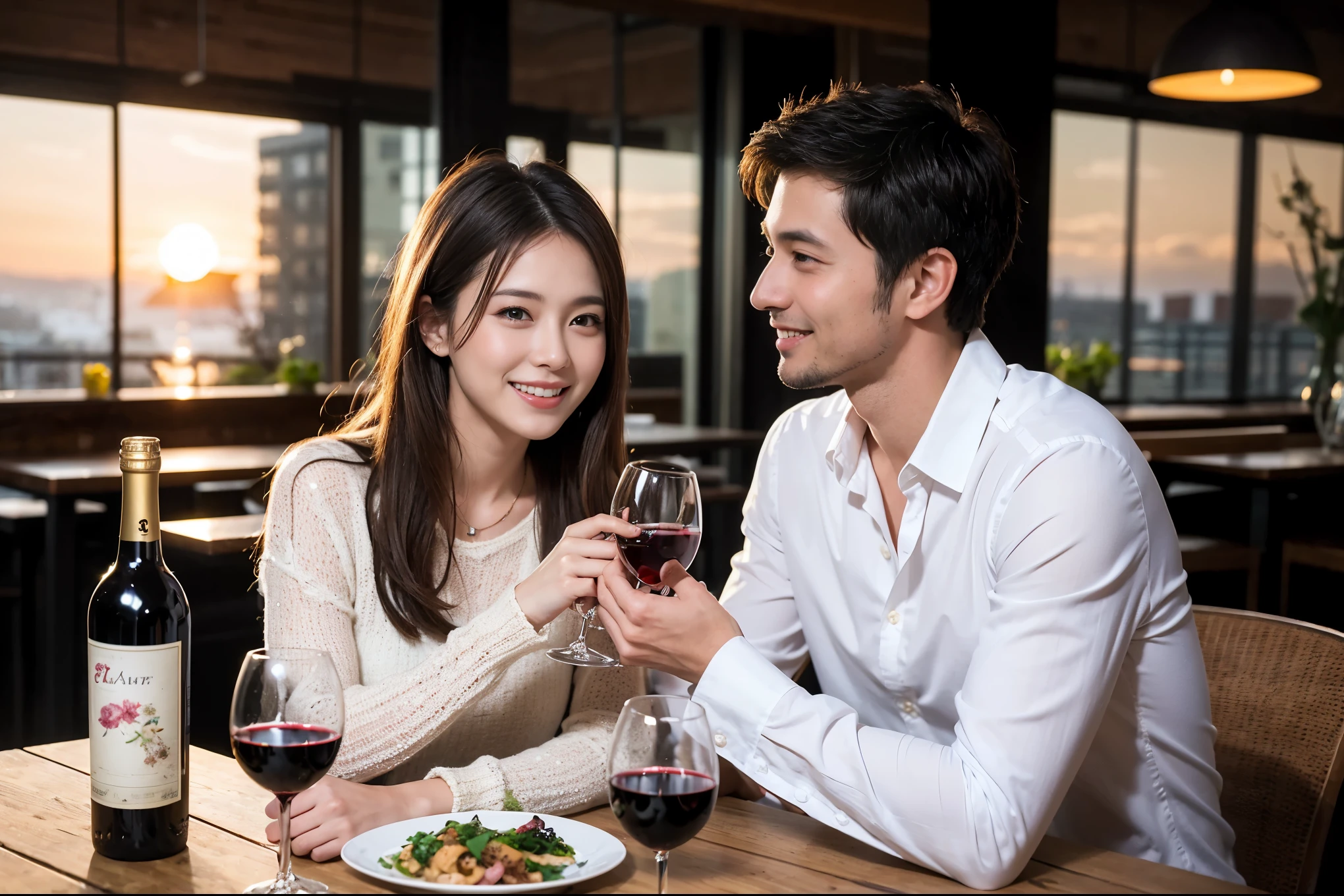 ((highest quality、8k、masterpiece:1.3))、 (Realistic, Real、Bright image、Intricate details:1.2), 1 male 1 female、Kimura Fumino-like beautiful couple、lover、couple、spouse、Beautiful couple、Happy smile、full-course dinner、 (Slim face), (Slim Body), (Brown Hair), (Short Hair), テーブルの上のwine glass、Please put light on my face、 Amazing view of the sunset sky and clouds、 (Age 35), 39 years old, red wine 、Appetizers、Wine bottle、sparkling wine、Long sleeve shirt、dress、White wine, red wine, wine glass,