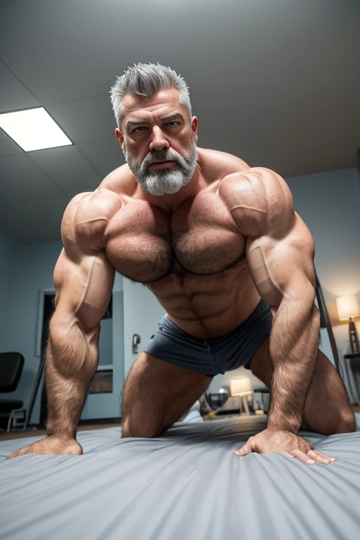 Hyper realistic photo of a hairy alpha male silverfox in his forties, deep blue eyes, silver grey hair, heavy hairy body hair, short beard, shirtless, broad and massive shoulders, hairy gigantic pecs, hairy gigantic hard abs, gigantic bodybuilder v-shape buiId, massive muscle lats, massive and hard biceps, massive trapezius muscle, flexing hard, agressive alpha male look attitude with sexual tension, highly detailed, HDR, 8K, High resolution, lying in bed on all fours, pov:view from below, masterpiece, best quality, nsfw, solo focus,