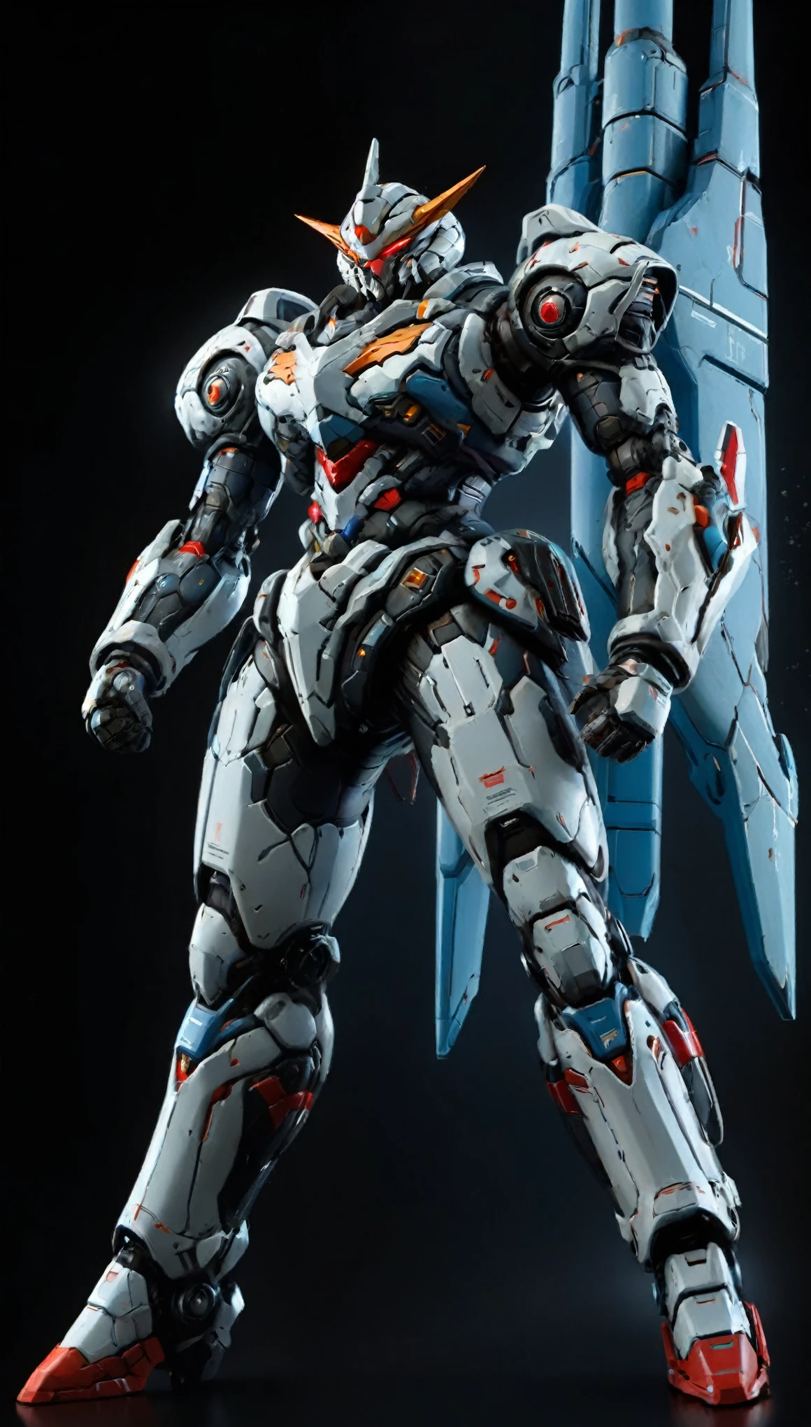 Humanoid Mecha, fully enclosed shoulder guards, matching arm and leg guards, full body, full armor, the design balances heavy with agility, (the color scheme is primarily white with red and blue accents, the concept Inspired by Super robot, organic biotech armor, standing, floating high above the futuristic sci-fi city), exquisite and mature art style, (aura effect, energy, glowing eyes, the armor glows), ((SRS)), metallic, dynamic, dramatic, high definition, best quality, highres, ultra-detailed, ultra-fine painting, extremely delicate, professional, perfect body proportions, anatomically correct, symmetrical face, extremely detailed eyes and face, high quality eyes, creativity, RAW photo, UHD, 32k, Natural light, cinematic lighting, masterpiece-anatomy-perfect, masterpiece:1.5