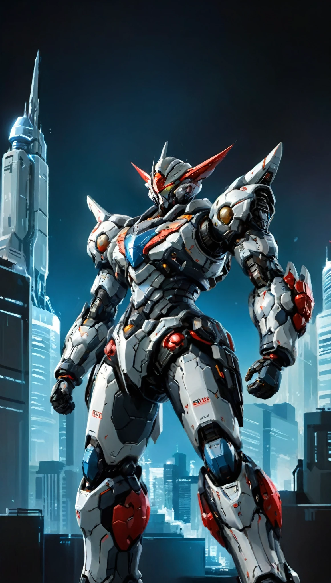 Humanoid Mecha, fully enclosed shoulder guards, matching arm and leg guards, full body, full armor, the design balances heavy with agility, (the color scheme is primarily white with red and blue accents, the concept Inspired by Super robot, organic biotech armor, standing, floating high above the futuristic sci-fi city), exquisite and mature art style, (aura effect, energy, glowing eyes, the armor glows), ((SRS)), metallic, dynamic, dramatic, high definition, best quality, highres, ultra-detailed, ultra-fine painting, extremely delicate, professional, perfect body proportions, anatomically correct, symmetrical face, extremely detailed eyes and face, high quality eyes, creativity, RAW photo, UHD, 32k, Natural light, cinematic lighting, masterpiece-anatomy-perfect, masterpiece:1.5