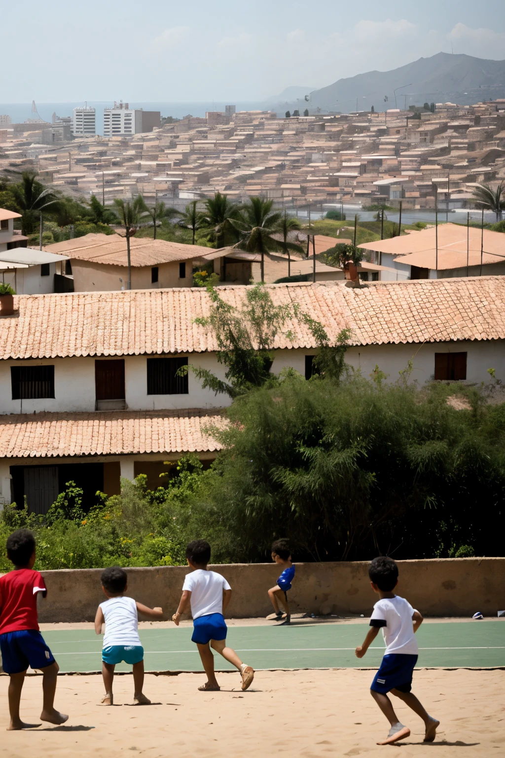 creates Lima children playing soccer in a way that one is behind the other in a disorderly manner with completely worn clothing and that they are in a landscape of Villa María del Triunfo from the street with poor landscape and the houses also on land with and with flip flops on a court and viewpoint looking at the entire poor neighborhood at the top of a hill but there are no houses near them
