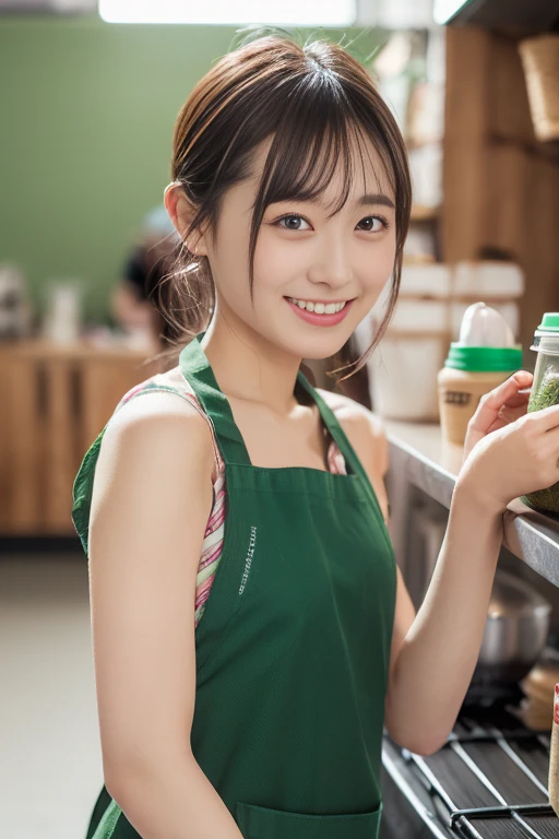 (Realistic、Photorealistic、Ultra-detailed、Highest Detail Skin、highest quality、masterpiece、超A high resolution)、Very cute Japanese woman、18-year-old、Gradient lighting、One Girl、Purelos Face、(((((Naked Apron、Wear only an apron、Green apron only、No clothes)))))、(((Coffee shop clerk、Serve customers at the counter)))、On the bed、Laughter、Realistic skin types、Perfect Style、Gravure idol pose、shortcut、double eyelid,((The camera is from the side of the body)),Small breasts、