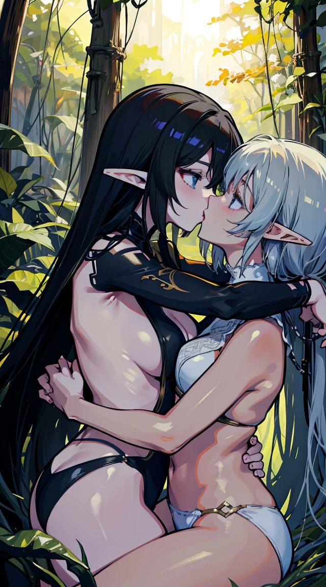 Two female elves,One is black、The other one is white,Embrace each other tightly,The two bodies are very close,kiss,In the forest