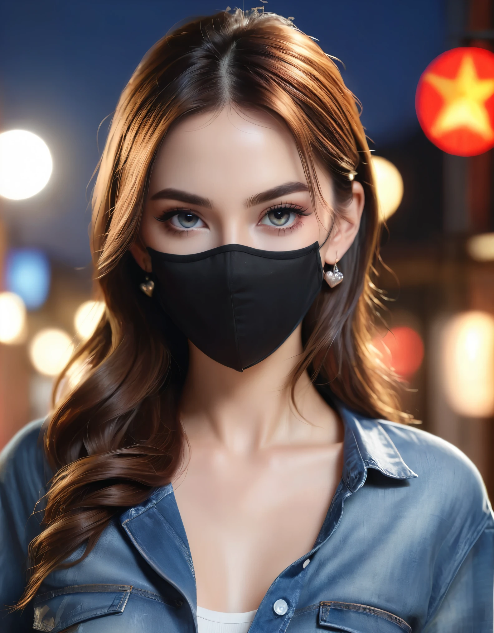 A beautiful woman with long brown hair, pretty eyes, eyes makeup, small earrings, wearing a cropped shirt, low rise jeans, and a black mask, posing in night town, professional photography studio team, professional fashion model, (super shallow depth of field:1.4), magazine cover photo, (best quality, 8k, highres, masterpiece:1.2), ultra-detailed, (realistic, photorealistic, photo-realistic:1.37), UHD, studio lighting, ultra-fine painting, sharp focus, physically-based rendering, Octane Render, extreme detail description, professional, vivid colors, heart bokeh, fashion,
