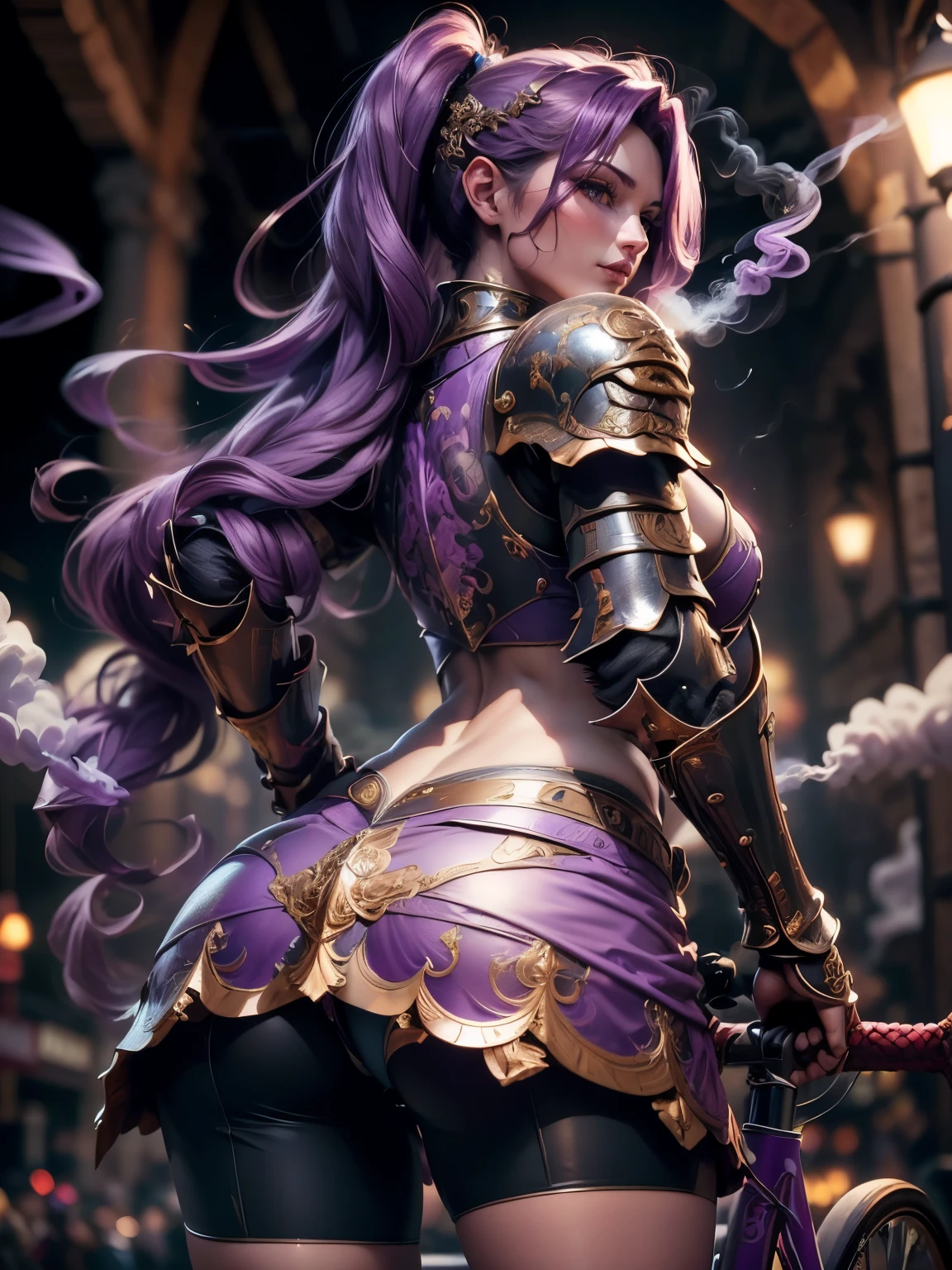 (Masterpiece, Superb Detail, Super Detailed, High Resolution), Male Focus, (((Female Armor))), (She Has Long Purple Hair, Medium Breasts, Slim, perfect body, beautiful face), look at viewer, (((purple panty))), (((smoke))), (((Turn back))), (((Show her butt))), (((sleep on Skull Bed))), Bed room, Background Details, Solo