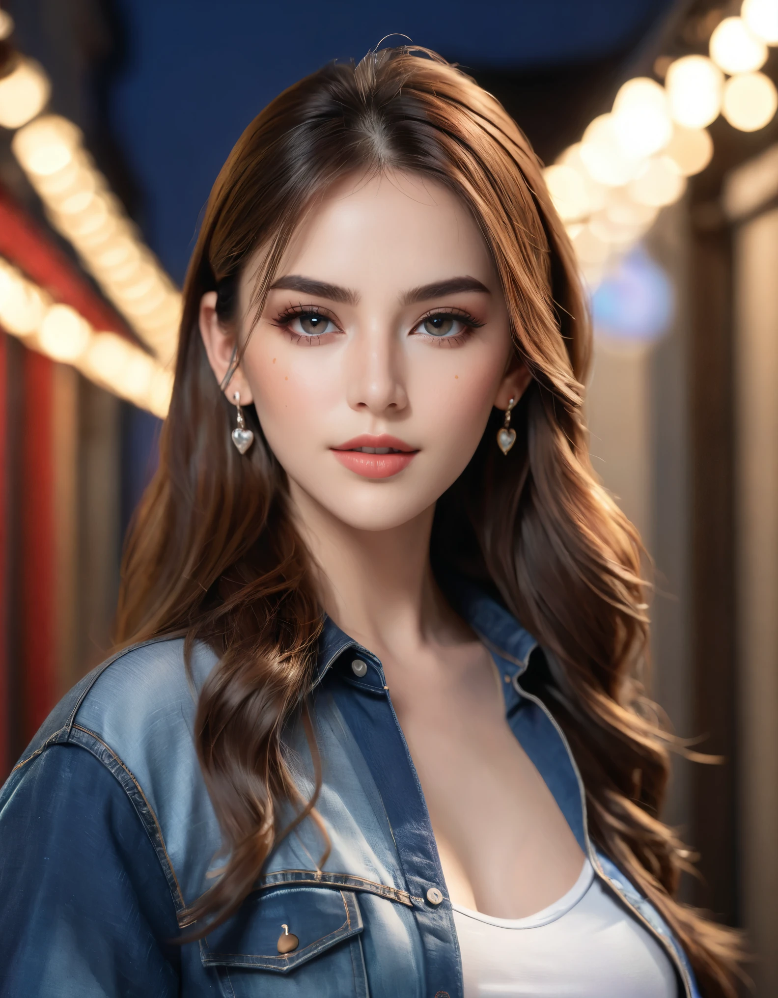 A beautiful woman with long brown hair, pretty eyes, eyes makeup, small earrings, wearing a cropped shirt, low rise jeans, and a black mask, posing in night town, professional photography studio team, professional fashion model, (super shallow depth of field:1.4), magazine cover photo, (best quality, 8k, highres, masterpiece:1.2), ultra-detailed, (realistic, photorealistic, photo-realistic:1.37), UHD, studio lighting, ultra-fine painting, sharp focus, physically-based rendering, Octane Render, extreme detail description, professional, vivid colors, heart bokeh, fashion,