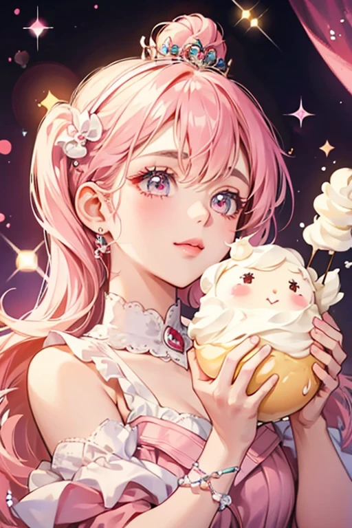 she resembles a vanilla blob of pudding with chocolate on top. she has whipped cream on top, a cherry on top, a pink beak, and eyelashes. SPARKLE; GLITTER