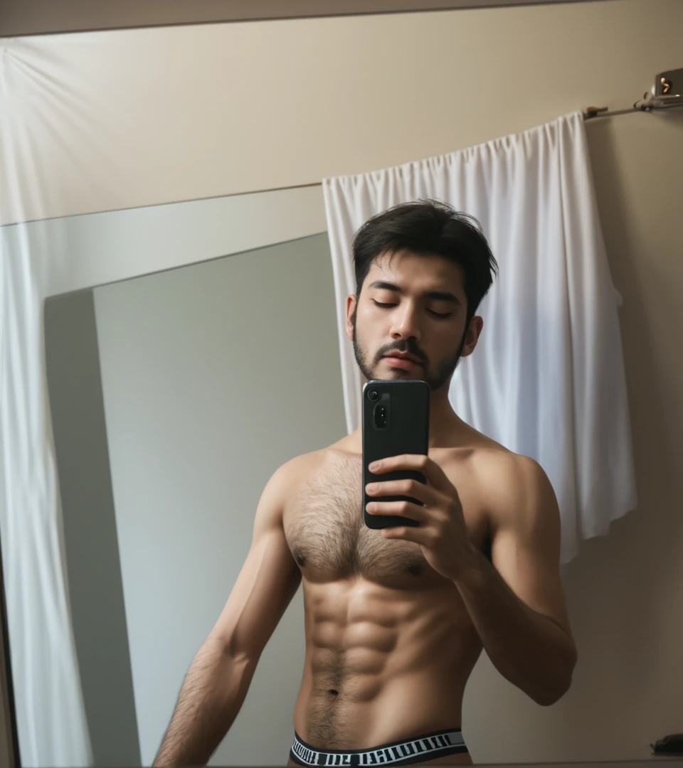 Handsome man , light bears, hot muscular body , medium curly hair , mirror selfie in the bathroom 