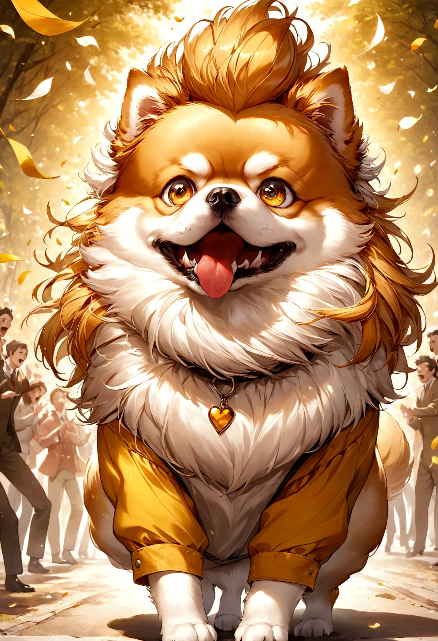 Create an image of a dog symbolizing the traits of an entertainer (ESFP). The dog should be a Pomeranian, known for its playful, energetic, and sociable nature. The dog should have a lively and joyful expression, reflecting its love for excitement and its ability to captivate those around it. It should appear in a setting that emphasizes fun and spontaneity, such as at a lively party, performing tricks, or engaging with a group of people. The primary theme color should be yellow, with the dog's fur or background featuring various shades of yellow to highlight its vibrant and entertaining nature. The overall atmosphere should reflect the dog's energetic, outgoing, and charismatic personality, capturing the essence of a dynamic and influential personality type.