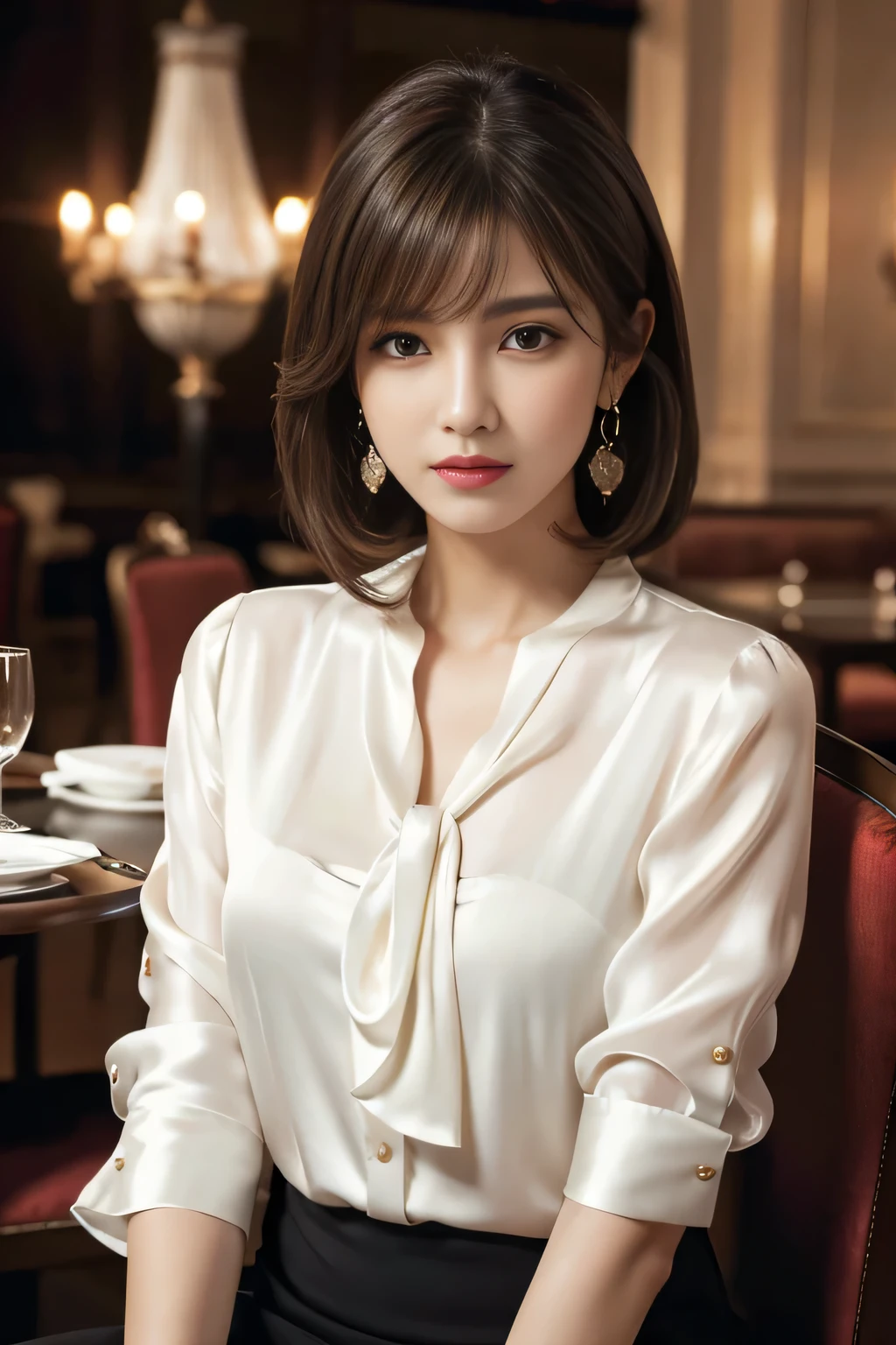 masterpiece, highest quality, Realistic, Very detailed, Finer details, High resolution, 8k wallpaper, One beautiful woman,Wear an elegant white silk blouse, In a great restaurant, At night, Light brown shaggy haircut, Perfect dynamic composition, Beautiful and beautiful eyes、Big earrings、Sitting in a chair、