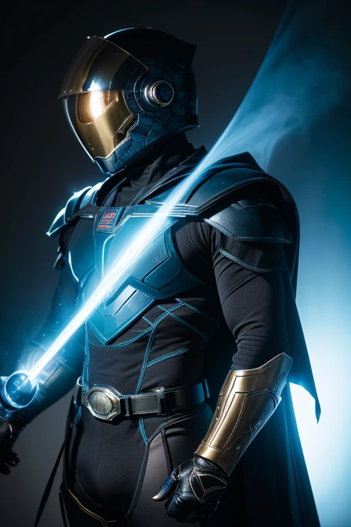 highres:1.2), ultra-detailed, realistic, superhero man, godly metal blue armor with bits of black, black cape, black gloves, black stripes on both sides of arms with blue, no logo on armor, wears a fully black astronaut helmet with golden visor, superhero base, cinematic lighting, dramatic shadows, volumetric lighting, epic fantasy, hyper detailed, majestic, awe-inspiring, heroic, powerful pose