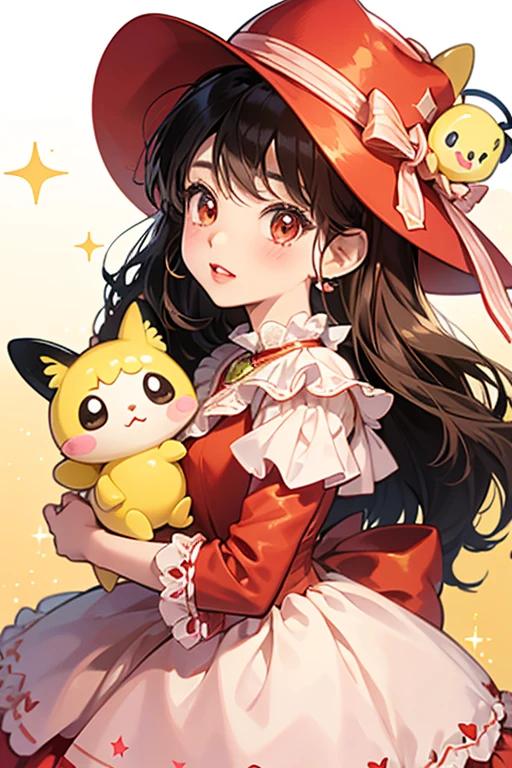 Pukkutchi has peach-colored skin and rosy cheeks. She has a Mametchi-like "hat" on her head, except the ears are smaller and farther apart. She wears a red dress with yellow frills. She has brown beady eyes and red lips. SPARKLE; GLITTER