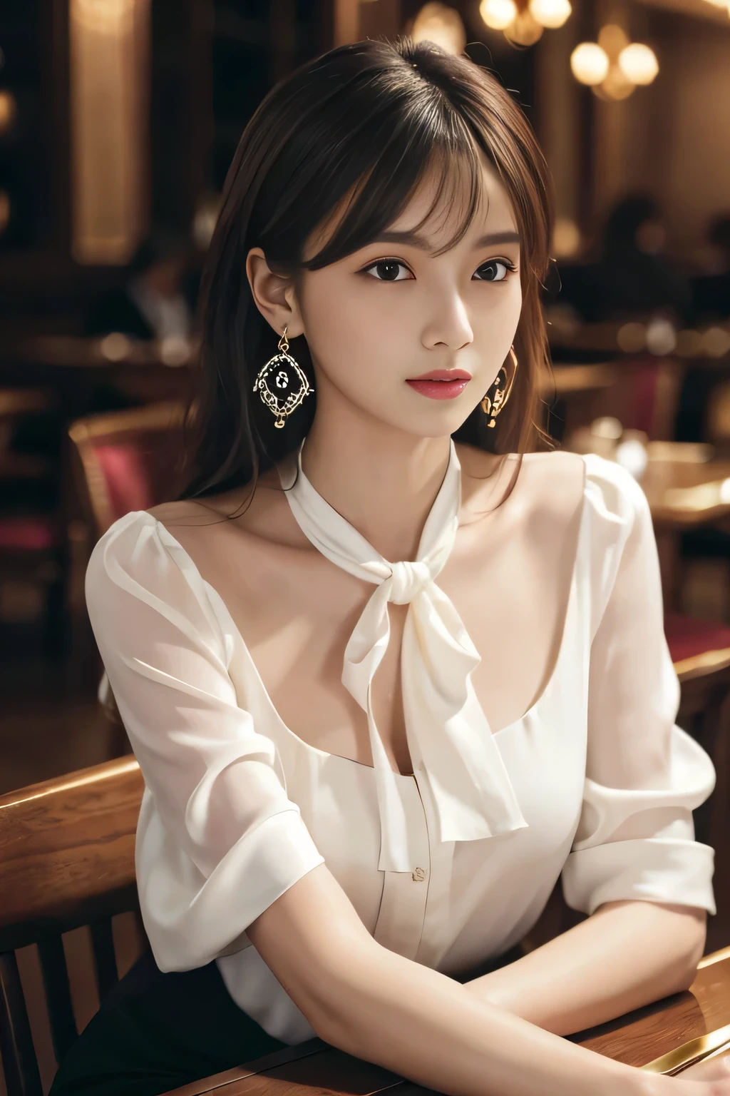 masterpiece, highest quality, Realistic, Very detailed, Finer details, High resolution, 8k wallpaper, One beautiful woman,Wear an elegant white silk blouse, In a great restaurant, At night, Light brown shaggy haircut, Perfect dynamic composition, Beautiful and beautiful eyes、Big earrings、Sitting in a chair、