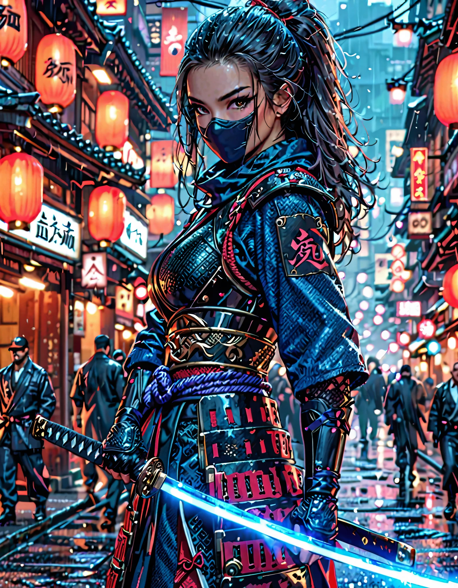 masterpiece, best quality, hires, 1man, solo, solo focus, female wearing dark blue ninja suit, using katana, ninja, yakuza, city backdrop, realistic, stylish, intricate details, hyperdetailed, cinematic, rim light, danger atmosphere, cowboy shot
