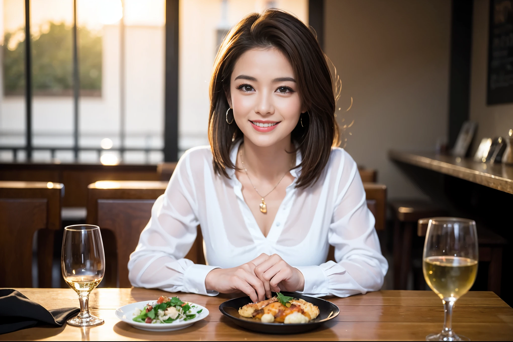 ((highest quality、8k、masterpiece:1.3))、A beautiful woman who looks like Rae Dunn、1 male、1 female、Couple、spouse、The body is slim、((Bob Hale、Straight hair:1.2)), (Realistic, Intricate details:1.2), full-course dinner、テーブルの上のwine glass、Put the light on your face、 Amazing view of the sunset sky and clouds、A bright smile、The wonderfulness of smile、Bright image、The beauty of wine, Beautiful Face, blue eyes, The light shines on your face, Blushing, short hair,Bright Face、 (Age 44), 43 years old, red wine 、Appetizers、Italian food、Wine bottle、Champagne、sparkling wine、Two beauties、Brown Hair、Shortcuts、Long sleeve shirt、dress、Pretty Woman 1, (slimな顔), (The body is slim), (Brown Hair), (Shortcuts), cheeks turn a little red,Attractive beauty、restaurant, In a prominent place (From the waist up) Nova Frog Style, actress, model, Upper Body, White wine, slim, wine glass, A wine glass placed in the center, smile, (smile: 1.15), Beautiful fine grain, Depth f/2,saturation, High Contrast, Strong light and shadow,Moist Body:1.5、3D texture、Delicate eyes、Brown Hair、The hair is very shiny、