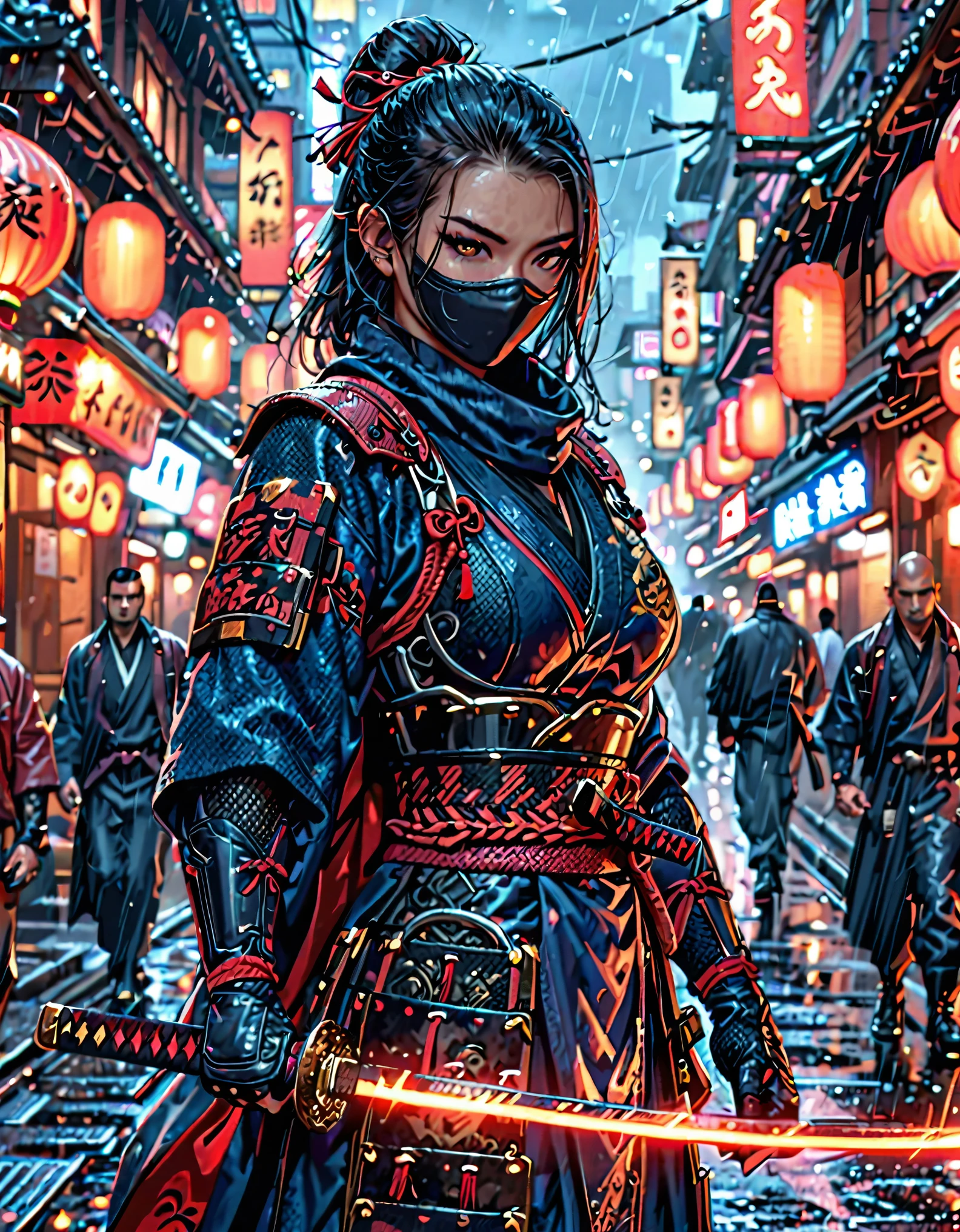 masterpiece, best quality, hires, 1man, solo, solo focus, female wearing dark blue ninja suit, using katana, ninja, yakuza, city backdrop, realistic, stylish, intricate details, hyperdetailed, cinematic, rim light, danger atmosphere, cowboy shot