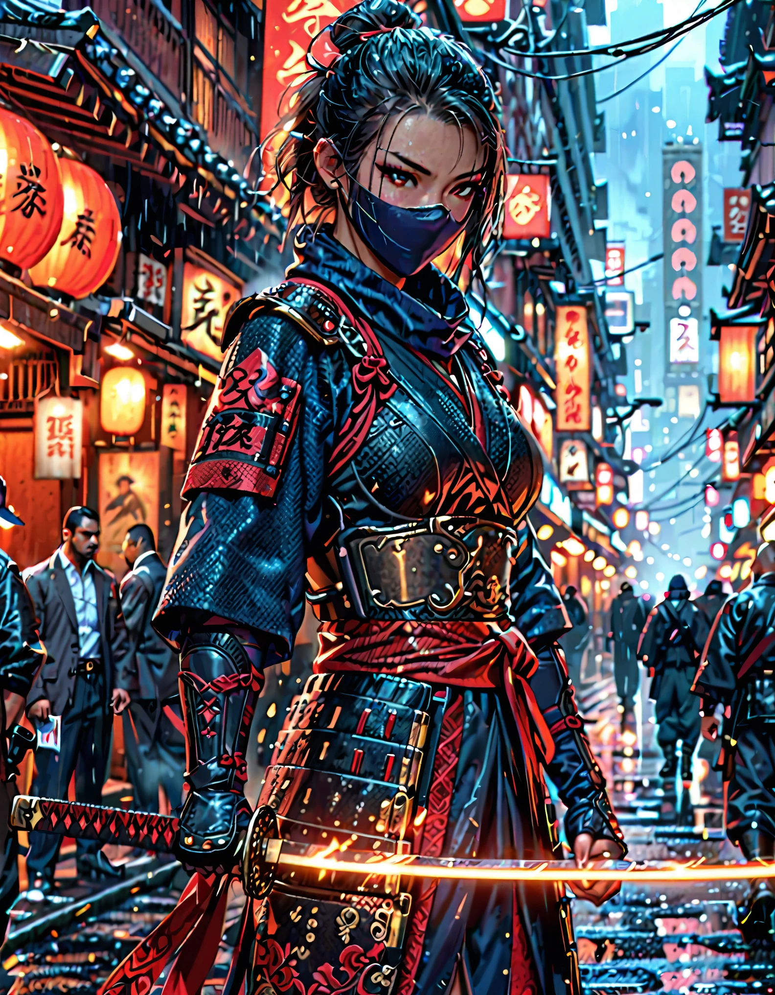 masterpiece, best quality, hires, 1man, solo, solo focus, female wearing dark blue ninja suit, using katana, ninja, yakuza, city backdrop, realistic, stylish, intricate details, hyperdetailed, cinematic, rim light, danger atmosphere, cowboy shot