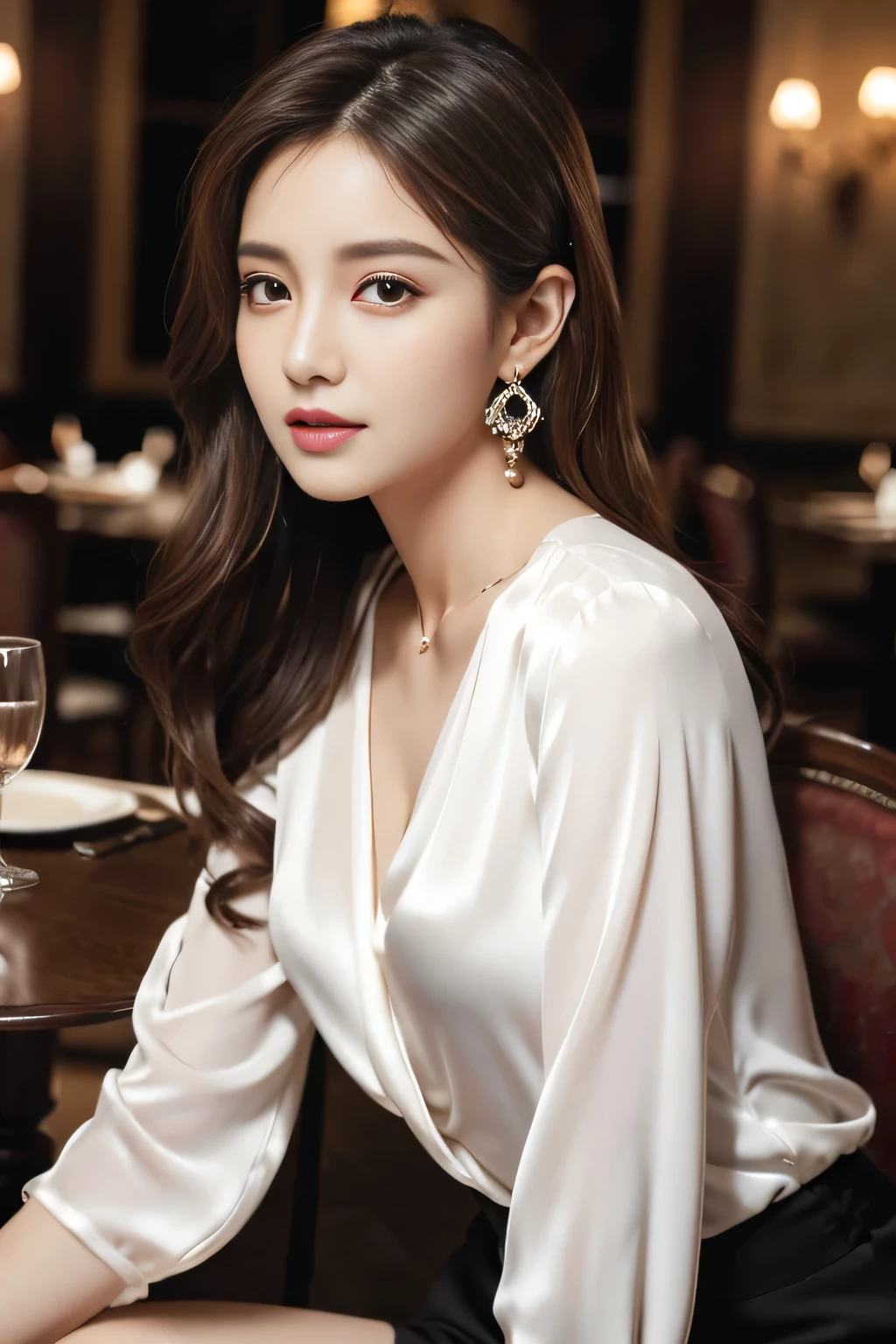 masterpiece, highest quality, Realistic, Very detailed, Finer details, High resolution, 8k wallpaper, One beautiful woman,Wear an elegant white silk blouse, In a great restaurant, At night, Light brown messy hair, Perfect dynamic composition, Beautiful and beautiful eyes、Big earrings、Sitting in a chair、