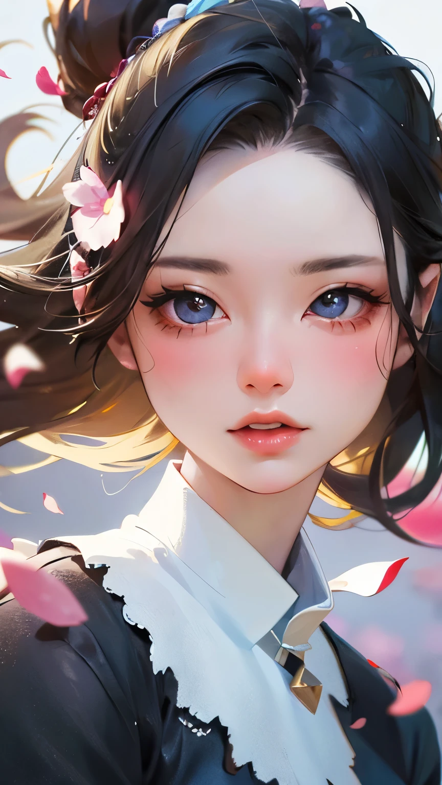 (highest quality, masterpiece, Ultra-realistic), Beautiful and delicate girl portrait, Playful and cute, Floating petals in the background