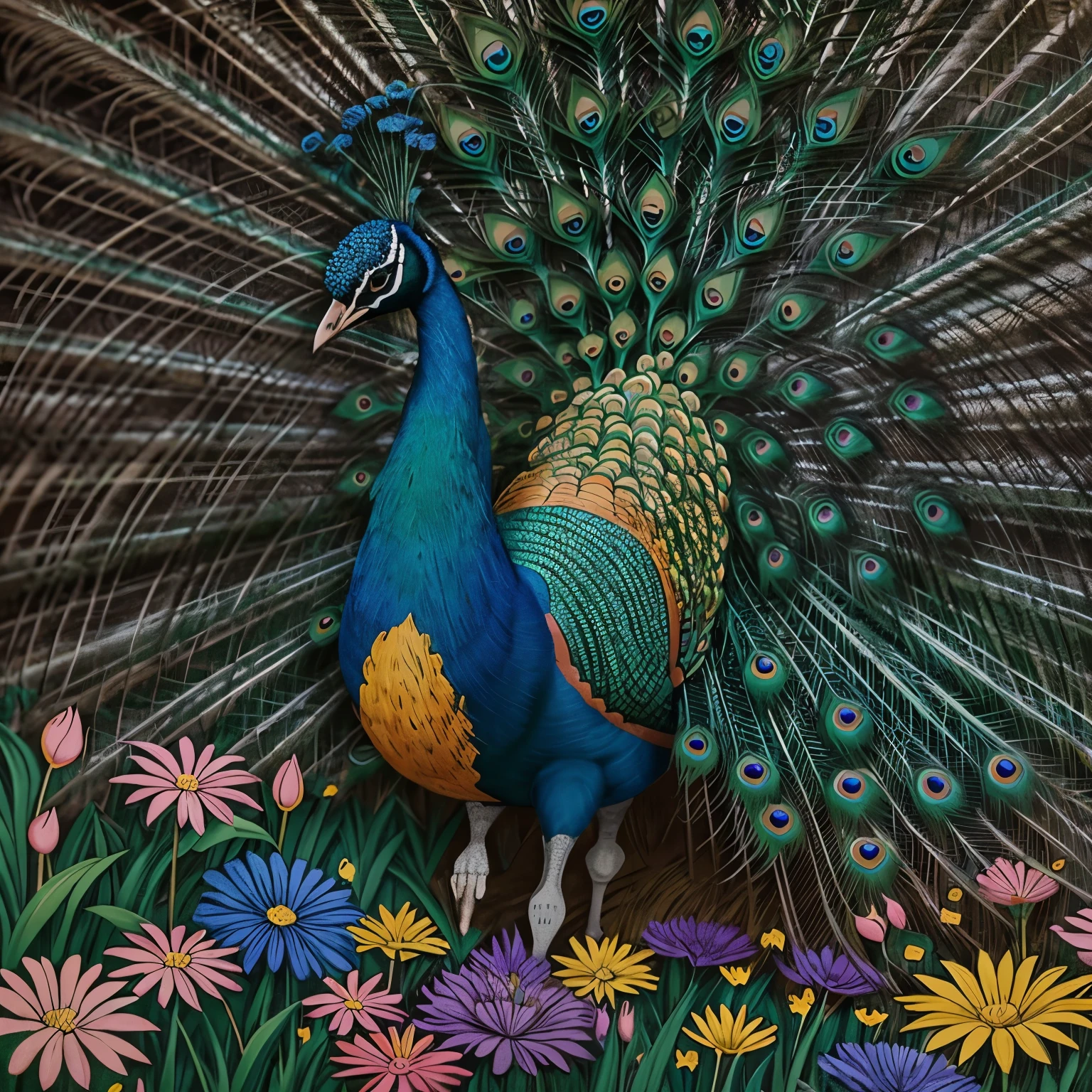 peacock regally strolls on the lawn among bright flowers, with a pop art painting by Annabel Kidston, winner of the behance competition, "naive art", "maximalism", "fauvism", "pop art".