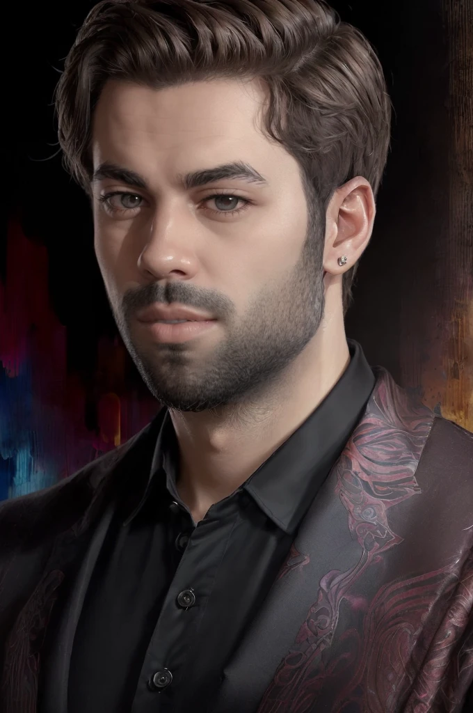 (best quality,4k,8k,highres,masterpiece:1.2),ultra-detailed,(realistic,photorealistic,photo-realistic:1.37),(((((29 year old man)))male1.1,solo,gradient hair,gradient beard,no mustache,strong jawline,sharp features,piercing eyes,intense gaze,distinguished appearance,sophisticated look,wise expression,wisdom and experience,confident smile,stylish outfit,fashionable attire,casual elegance,modern and classy,standing against a colorful abstract background,subtle lighting,soft shadows,rich color palette,vibrant hues,contrasting tones,artistic style,impressionist touch,elegant brushstrokes,texture and depth,realistic rendering,sophisticated details,meticulous attention to facial features,subtle wrinkles and lines,highly defined hair strands,perfectly groomed beard,fine skin texture and pores,detailed clothing folds and patterns,aesthetic composition,balanced and harmonious,fine art quality,painted on a canvas,portrait format,a masterpiece capturing the essence of age and wisdom. PivaLora