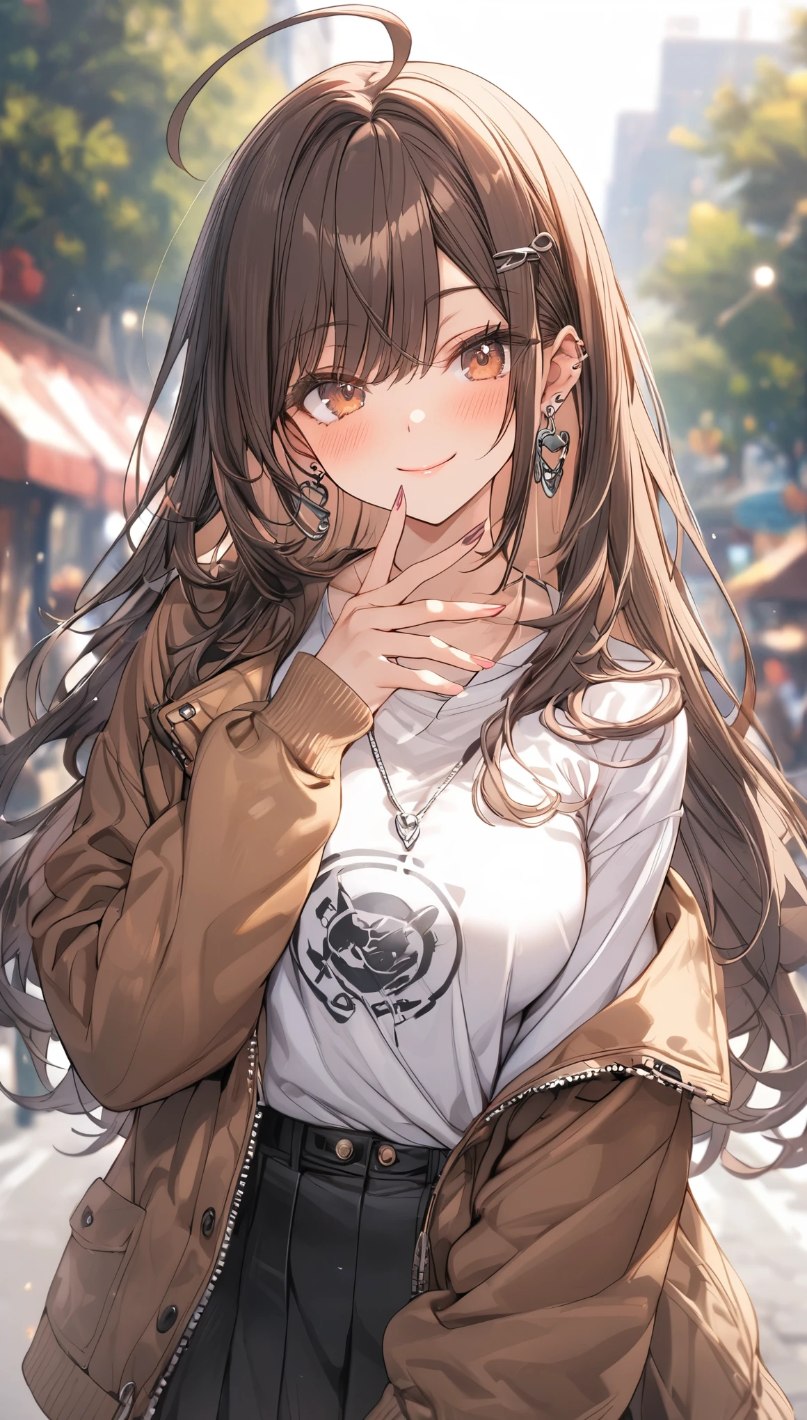 ((masterpiece, best quality)), very aesthetic, absurdres, One girl, Ahoge, bangs, black skirt, black sweater, Blurred, Blurred background, chest, Brown eyes, Brown Hair, brown Jacket, Mouth closed, Day, Depth of written boundary, Earrings, eyelash, Raise your hand, Tilt your head, Jacket, jewelry, Long Hair, Long sleeve, View Viewer, medium chest, Manicure, Open clothes, open Jacket, Outdoor, Pursed lips, Tucked in shirt, Side Lock, skirt, Sleeves are longer than the wrist, alone, sweater, Upper Body, zipper, smile,