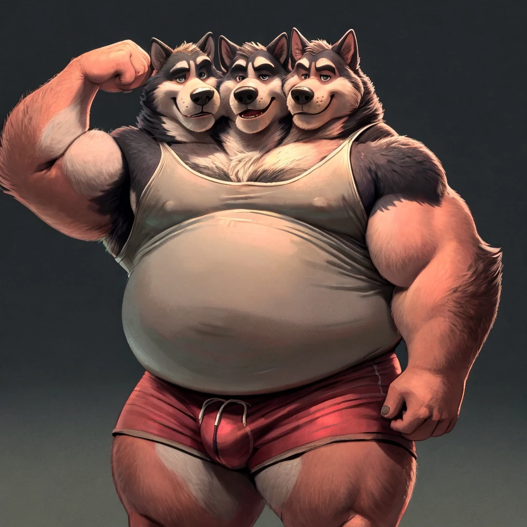 solo, siberian husky, three identical heads on one body, black and white fur, siberian husky ears, masculine, necks, (eyes), adult, male, 50 years old, stylized 3d, by disney, by rembrandt, by pixar, by dramamine, obese, solid gray background, (white sleeveless shirt, underpants), correct hands, correct anatomy, ultradetailed, best quality, detailed masterpiece, highly detailed masterpiece, 4k, ((professional cartoon)), natural pose, detailed expressions, flexing