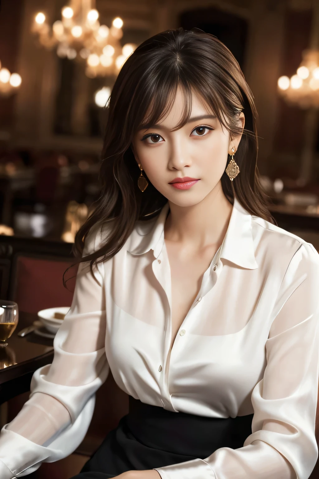 masterpiece, highest quality, Realistic, Very detailed, Finer details, High resolution, 8k wallpaper, One beautiful woman,Wear an elegant white silk blouse, In a great restaurant, At night, Light brown shaggy haircut, Perfect dynamic composition, Beautiful and beautiful eyes、Big earrings、Sitting in a chair、