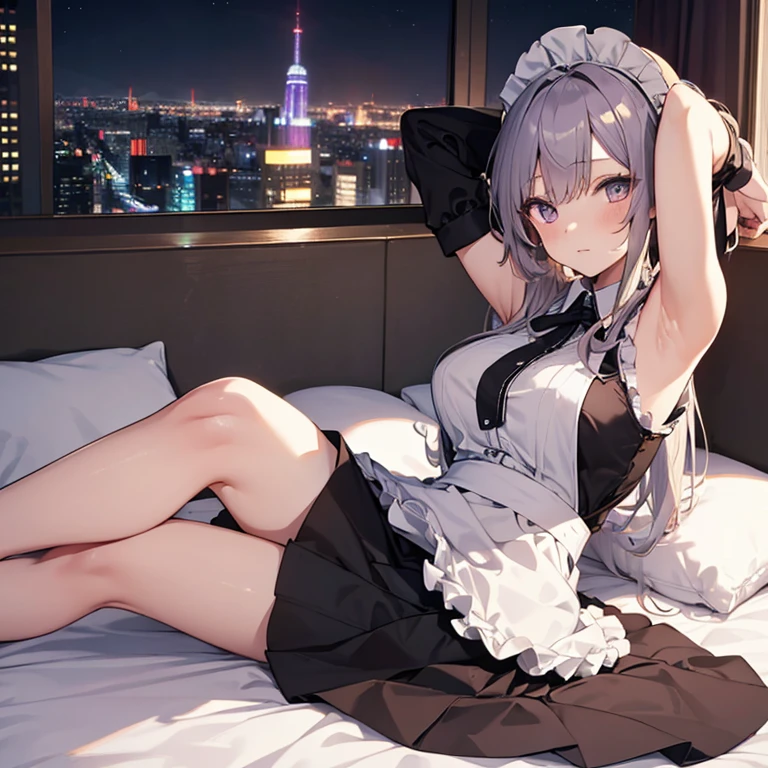 A maid, (in bedroom), various hair styles, night, details face, short skirt, seducing, sleeveless, maid uniform, armpits, laying on bed