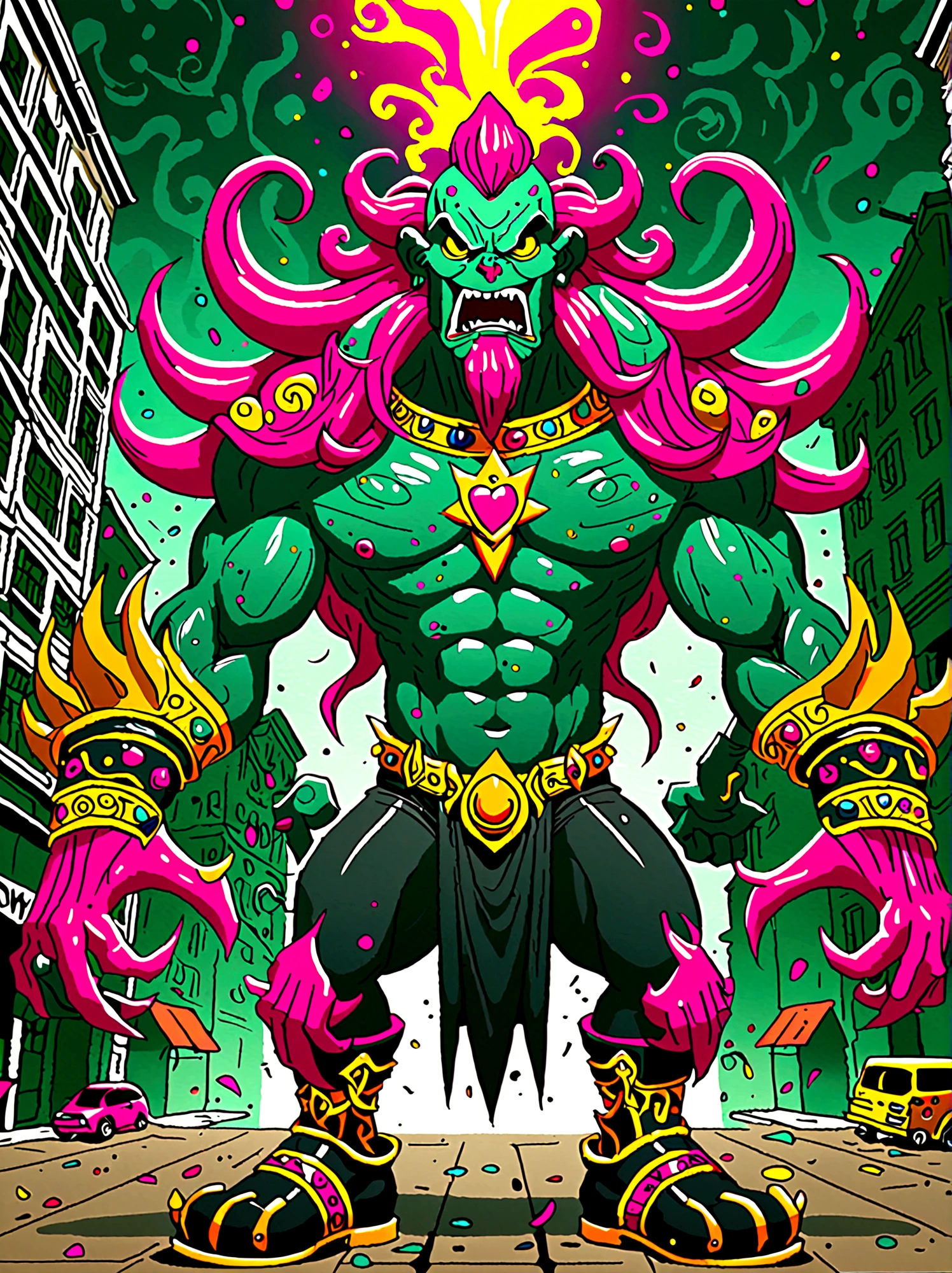 (masterpiece，Best quality:1.2)，Graffiti style，Cartoon Characters，Vector illustration，(A Cthulhu monster:1.5)，Dress up as a clown，With a mischievous smile on his face，Eyes wide open，sparkling，His figure is slender，Dressed in chaotic and brightly colored clothes，Includes an ornate hat with a heart symbol，Baggy pants and oversized shoes，This character shows vivid excitement，Arms open，As if preparing to perform magic，Hovering in an otherworldly landscape，站在Graffiti style的背景前，Add whimsy to the scene