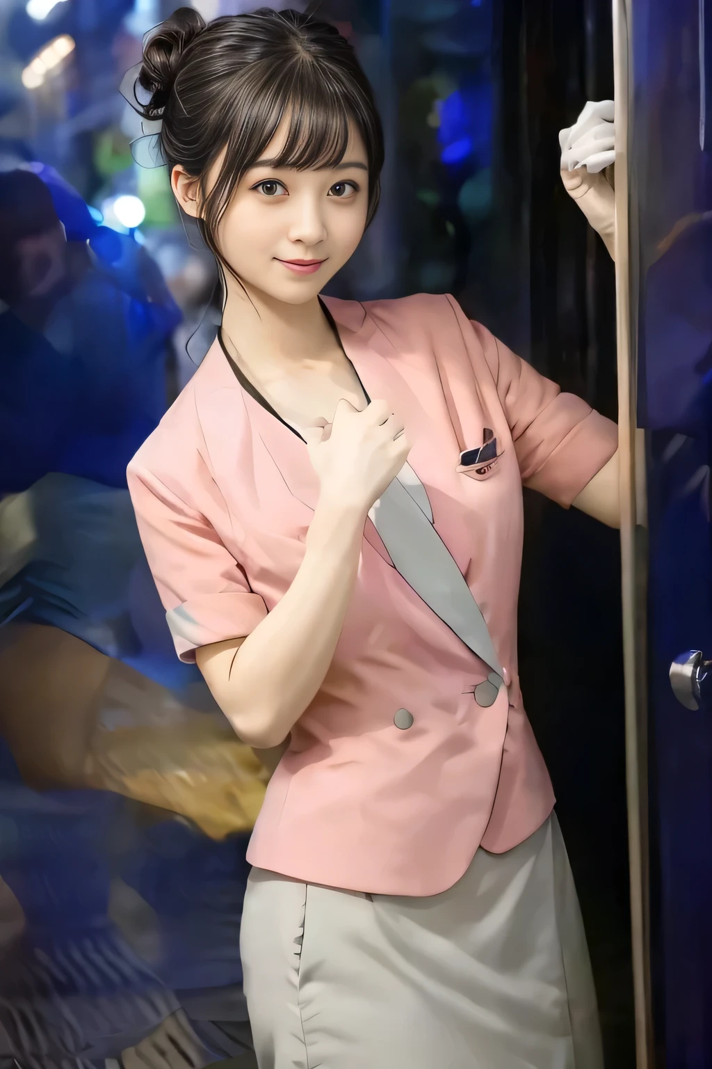 (masterpiece:1.2, highest quality:1.2), 32K HDR, High resolution, (alone、1 girl)、(On the rooftop of a building in the daytime、Professional Lighting)、Building rooftop background、(Nankai train crew uniform pinkを着たリアルスタイル)、(Nankai train crew uniform pink short sleeve collarless pink jacket、Nankai Train Crew Uniform Pink Collarless Short Sleeve Blouse、Nankai Train Crew Uniform Pink Grey Knee-length Culottes)、Dark brown hair、(Hair tied up、Hair Bun、Hair Bun)、Dark brown hair、Long Shot、Big Breasts、Thin legs、((Great hands:2.0)),((Harmonious body proportions:1.5)),((Normal limbs:2.0)),((Normal finger:2.0)),((Delicate eyes:2.0)),((Normal eyes:2.0)))、smile、(Nankai Train Crew Uniform Pink Grey Knee-length Culottesを見せた美しい歩く姿)、Place your hands around your stomach,Lanyard employee ID card