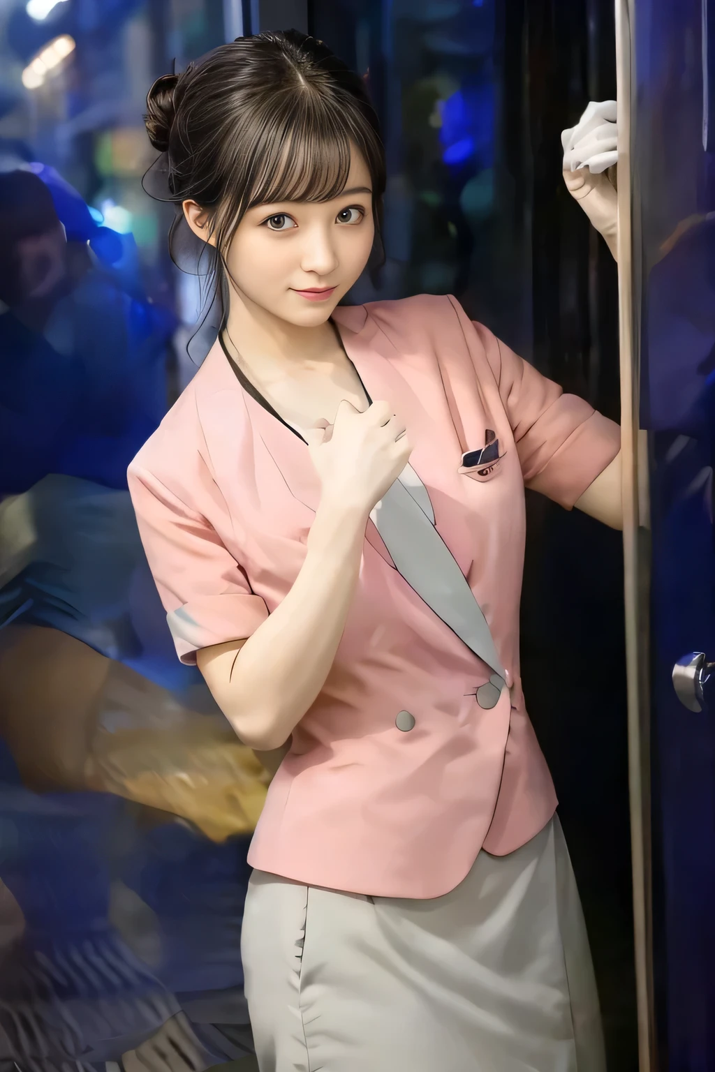 (masterpiece:1.2, highest quality:1.2), 32K HDR, High resolution, (alone、1 girl)、(On the rooftop of a building in the daytime、Professional Lighting)、Building rooftop background、(Nankai train crew uniform pinkを着たリアルスタイル)、(Nankai train crew uniform pink short sleeve collarless pink jacket、Nankai Train Crew Uniform Pink Collarless Short Sleeve Blouse、Nankai Train Crew Uniform Pink Grey Knee-length Culottes)、Dark brown hair、(Hair tied up、Hair Bun、Hair Bun)、Dark brown hair、Long Shot、Big Breasts、Thin legs、((Great hands:2.0)),((Harmonious body proportions:1.5)),((Normal limbs:2.0)),((Normal finger:2.0)),((Delicate eyes:2.0)),((Normal eyes:2.0)))、smile、(Nankai Train Crew Uniform Pink Grey Knee-length Culottesを見せた美しい歩く姿)、Place your hands around your stomach,Lanyard employee ID card
