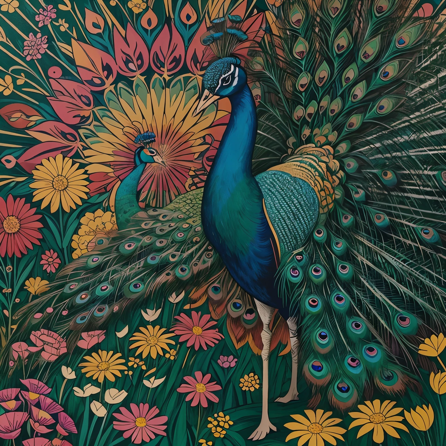 peacock regally strolls on the lawn among bright flowers, with a pop art painting by Annabel Kidston, winner of the behance competition, "naive art", "maximalism", "fauvism", "pop art".