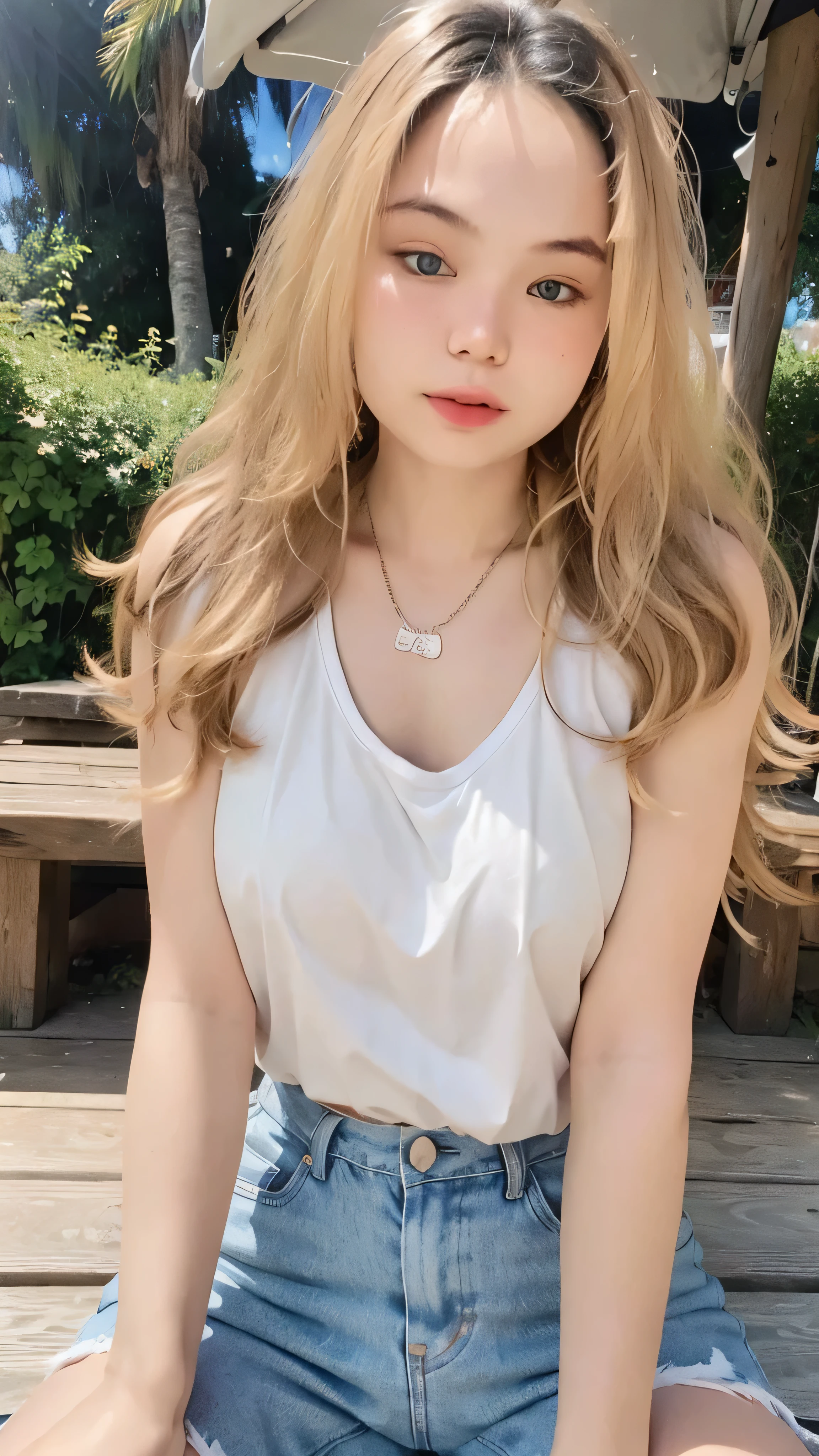 1girl, cute, smaller chest, blonde hair, long hair, wavy hair, bangs, open white jacket, sheer tank top, shorts jeans, sitting, outdoor, full-body portrait, (best quality,4k,8k,highres,masterpiece:1.2),ultra-detailed,(realistic,photorealistic,photo-realistic:1.37)