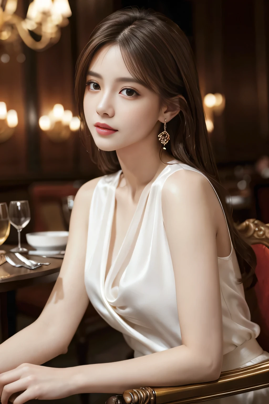 masterpiece, highest quality, Realistic, Very detailed, Finer details, High resolution, 8k wallpaper, One beautiful woman,Wear an elegant white silk blouse, In a great restaurant, At night, Light brown messy hair, Perfect dynamic composition, Beautiful and beautiful eyes、Big earrings、Sitting in a chair、Sleeveless shirt、