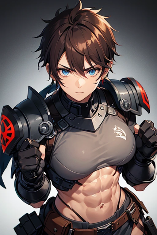 Short Brown mohawk hair, blue eyes, face scars, bad batch black and red colored clone armor, buff, muscular, fit with equipment, tattoos, woman