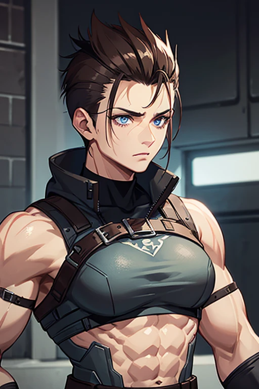 Short Brown mohawk hair, blue eyes, face scars, bad batch black and red colored clone armor, buff, muscular, fit with equipment, tattoos, woman