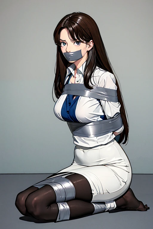 Highest quality, high resolution, 1 woman with very long messy hair, detailed eyes, constricted pupils,  ( form fitting white buttoned shirt), (tight pencil skirt), (black pantyhose) , (no shoe), pantyhose covered toes, wrinkled clothing, photo realistic, smooth, detailed face, beautiful, Insanely detailed, (taped mouth), tape gag, gag, gagged, ankles taped, mouth taped, arms bound behind back, elbows taped, wrists taped, taped legs, taped arms, knees taped, frightened, pleading eyes, desperate escape attempt, (crying), fearful, award wining, masterpiece, super detail, detailed background, anatomically correct, best quality, 16k, messy hair, tears, standing, detailed pantyhose, detailed fabric, thighs, big breasts,  skin tight