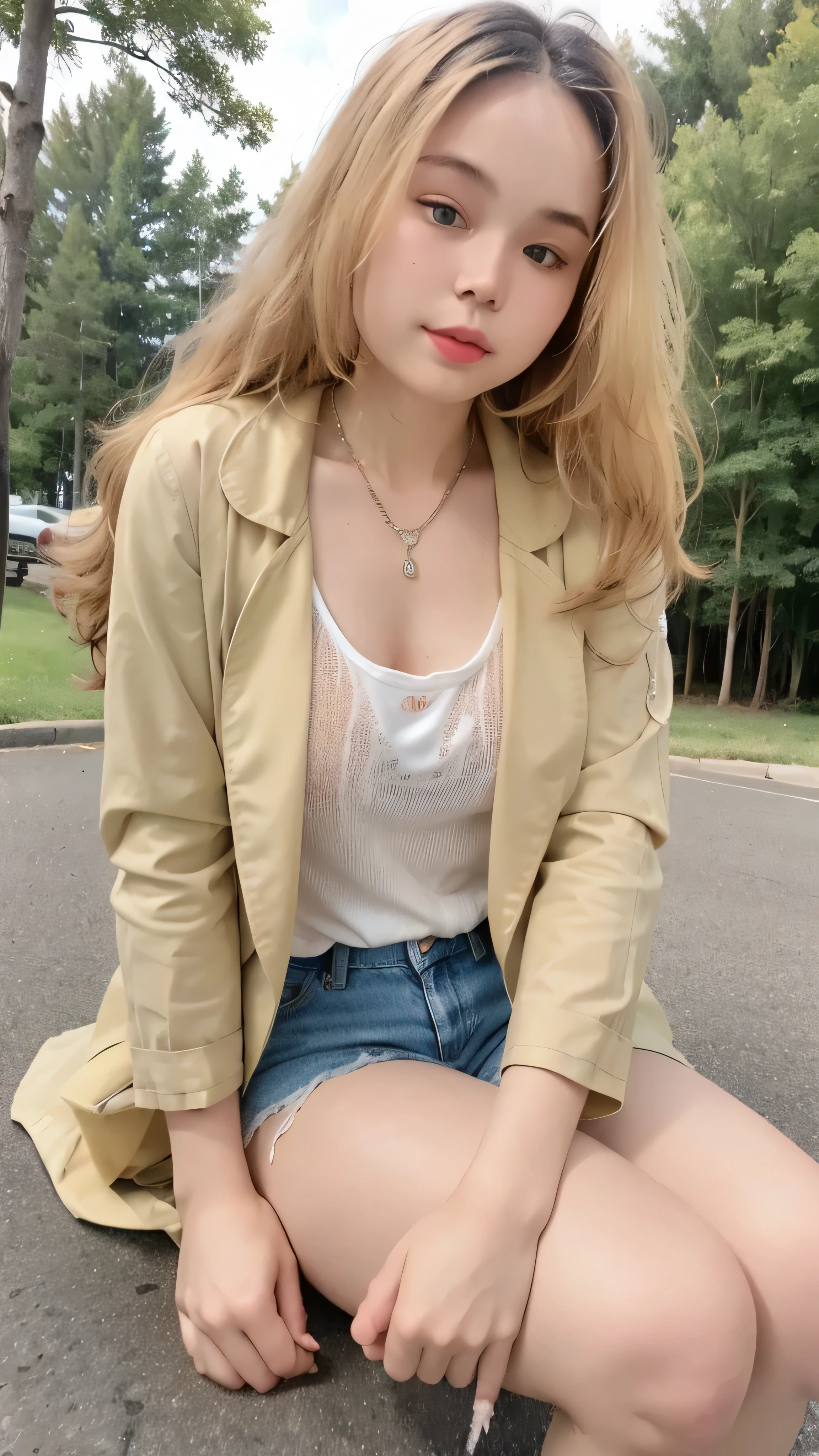 1girl, cute, smaller chest, blonde hair, long hair, wavy hair, bangs, open white jacket, sheer tank top, shorts jeans, sitting, outdoor, full-body portrait, (best quality,4k,8k,highres,masterpiece:1.2),ultra-detailed,(realistic,photorealistic,photo-realistic:1.37)