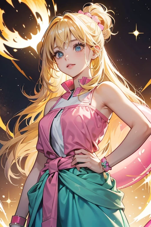 she has blond hair She appears to wear a pink inner tube around her waist. SPARKLE; GLITTER