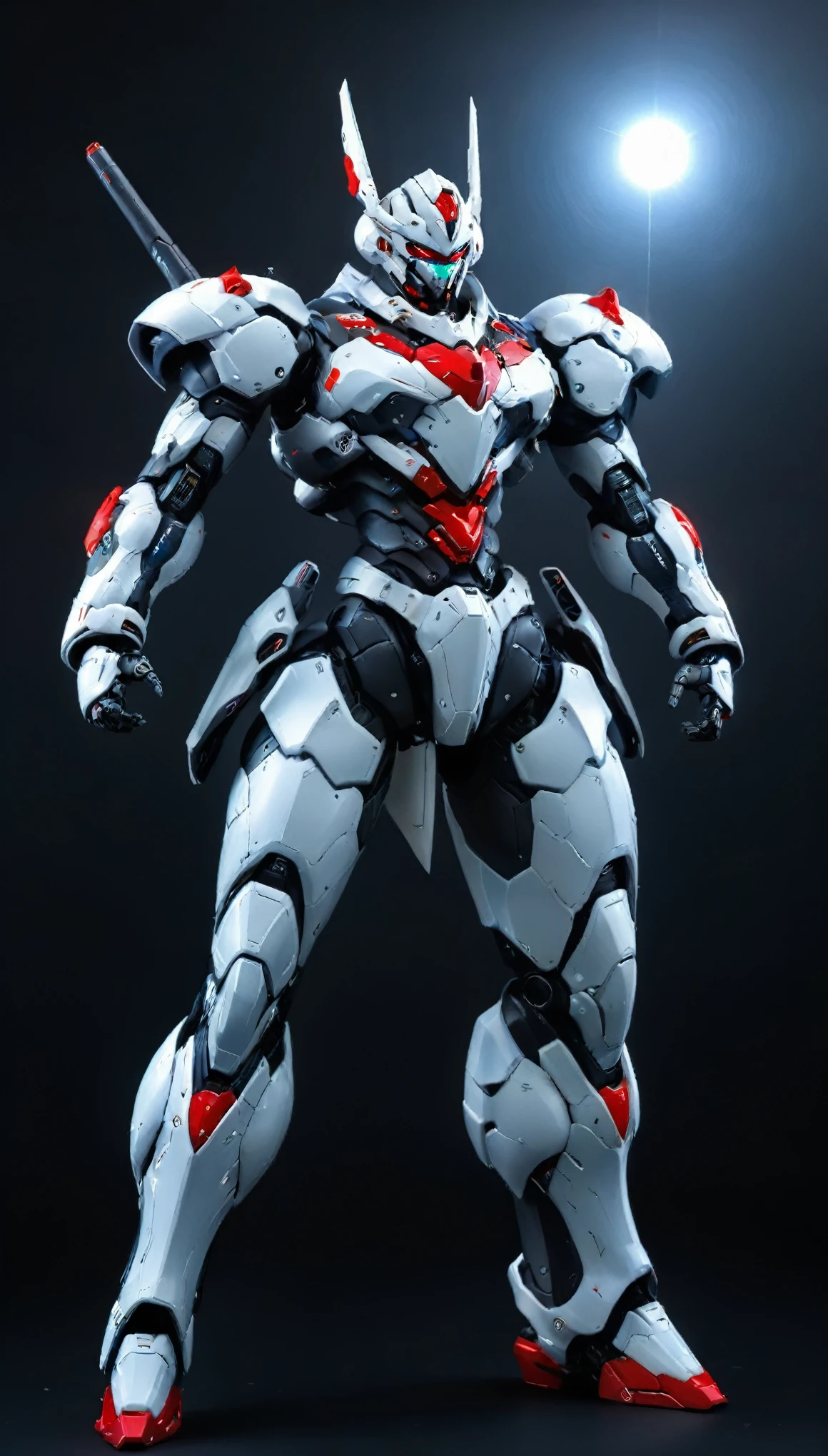 Humanoid Mecha, fully enclosed shoulder guards, matching arm and leg guards, full body, full armor, the design balances heavy with agility, (the color scheme is primarily white with red and blue accents, the concept Inspired by Super robot, organic biotech armor, standing, floating high above the futuristic sci-fi city), exquisite and mature art style, (aura effect, energy, glowing eyes, the armor glows), ((SRS)), metallic, dynamic, dramatic, high definition, best quality, highres, ultra-detailed, ultra-fine painting, extremely delicate, professional, perfect body proportions, anatomically correct, symmetrical face, extremely detailed eyes and face, high quality eyes, creativity, RAW photo, UHD, 32k, Natural light, cinematic lighting, masterpiece-anatomy-perfect, masterpiece:1.5