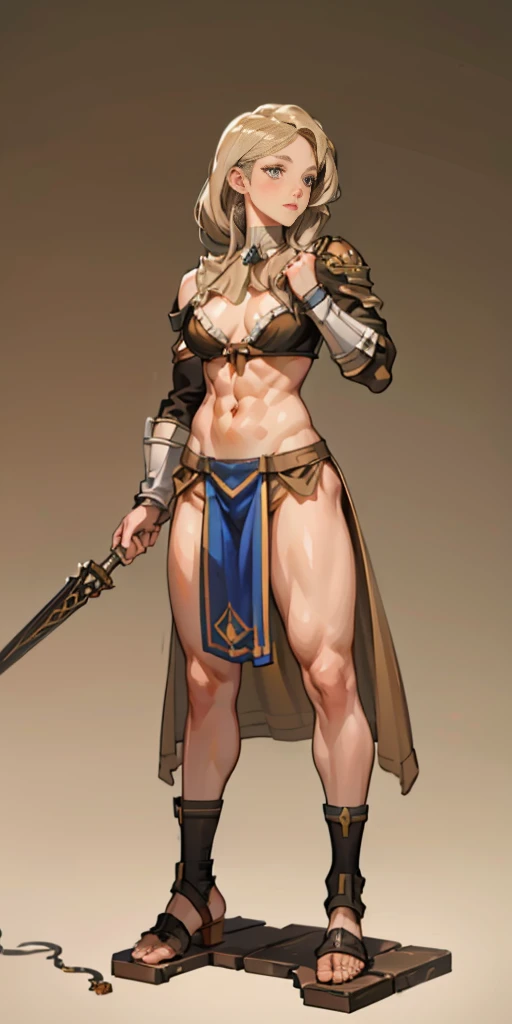 full body toe to head, masterpiece, 1soloMILF BIMBO standing loincloth pose, leather collar choker neck bell shackles wristbands bracers bracelets sleeves and stockings, strong body, abs, shiny skin (masterpiece, best quality) 1girlsolo wearing 40K Warhammer sisters of battle whsororitas (plain background)