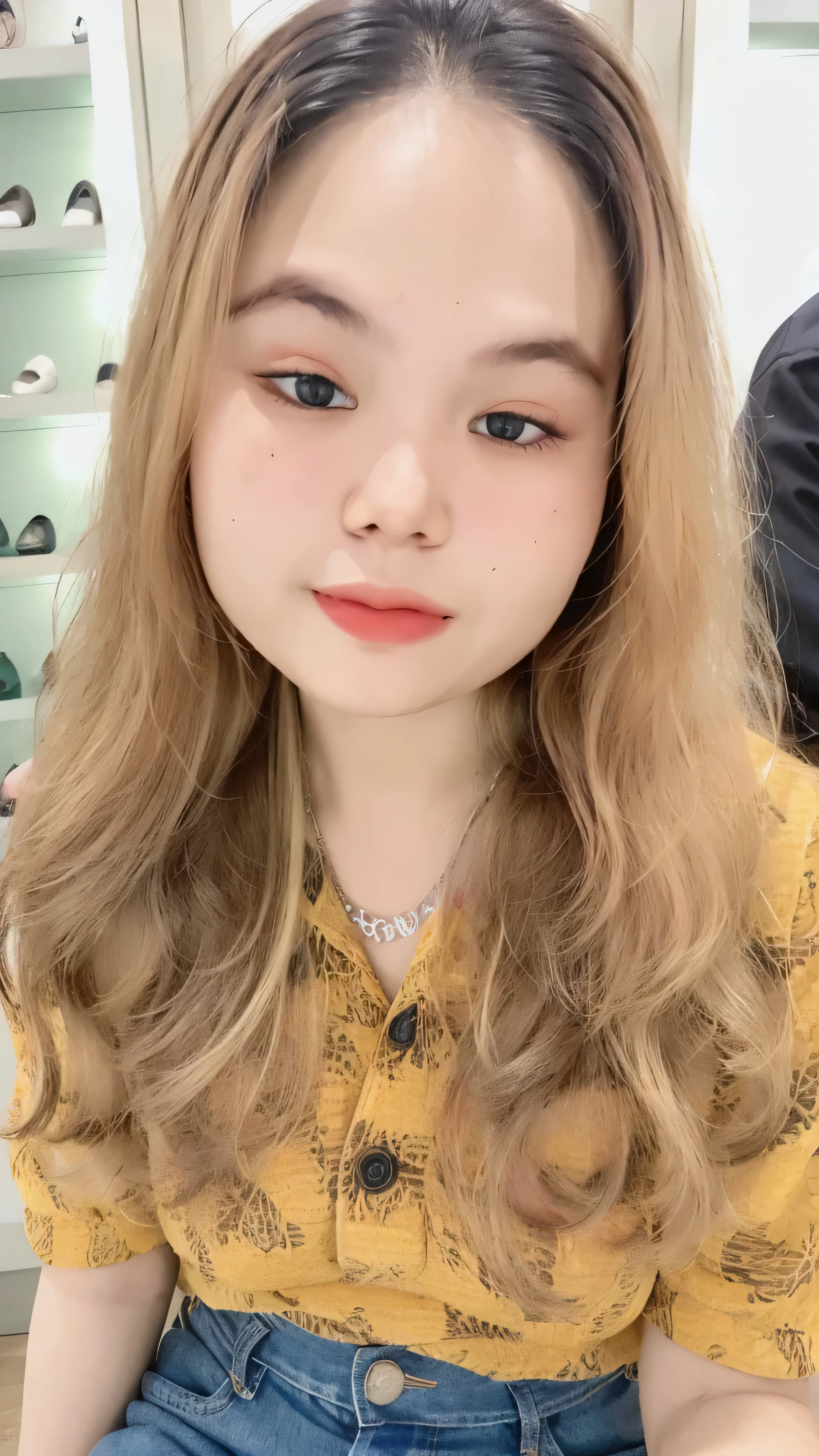 a cute girl with highly detailed eyes and face, realistic face, long brunette hair with bangs, smaller and flat chest, small waist, beautiful thighs, off-shoulders top, shorts jeans, whole body portrait, (best quality,4k,8k,highres,masterpiece:1.2),ultra-detailed,(realistic,photorealistic,photo-realistic:1.37), photography, cinematic lighting, warm colors, intricate details, dynamic pose