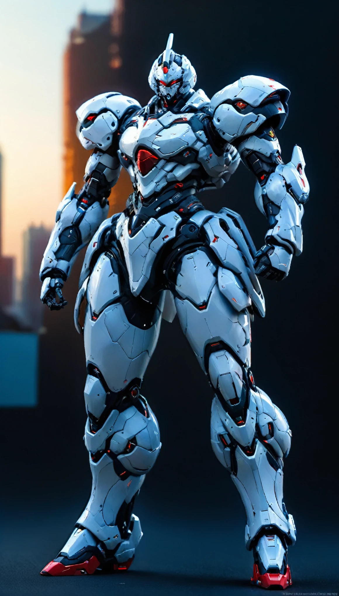 Humanoid Mecha, fully enclosed shoulder guards, matching arm and leg guards, full body, full armor, the design balances heavy with agility, (the color scheme is primarily white with red and blue accents, the concept Inspired by Super robot, organic biotech armor, standing, floating high above the futuristic sci-fi city), exquisite and mature art style, (aura effect, energy, glowing eyes, the armor glows), ((SRS)), metallic, dynamic, dramatic, high definition, best quality, highres, ultra-detailed, ultra-fine painting, extremely delicate, professional, perfect body proportions, anatomically correct, symmetrical face, extremely detailed eyes and face, high quality eyes, creativity, RAW photo, UHD, 32k, Natural light, cinematic lighting, masterpiece-anatomy-perfect, masterpiece:1.5