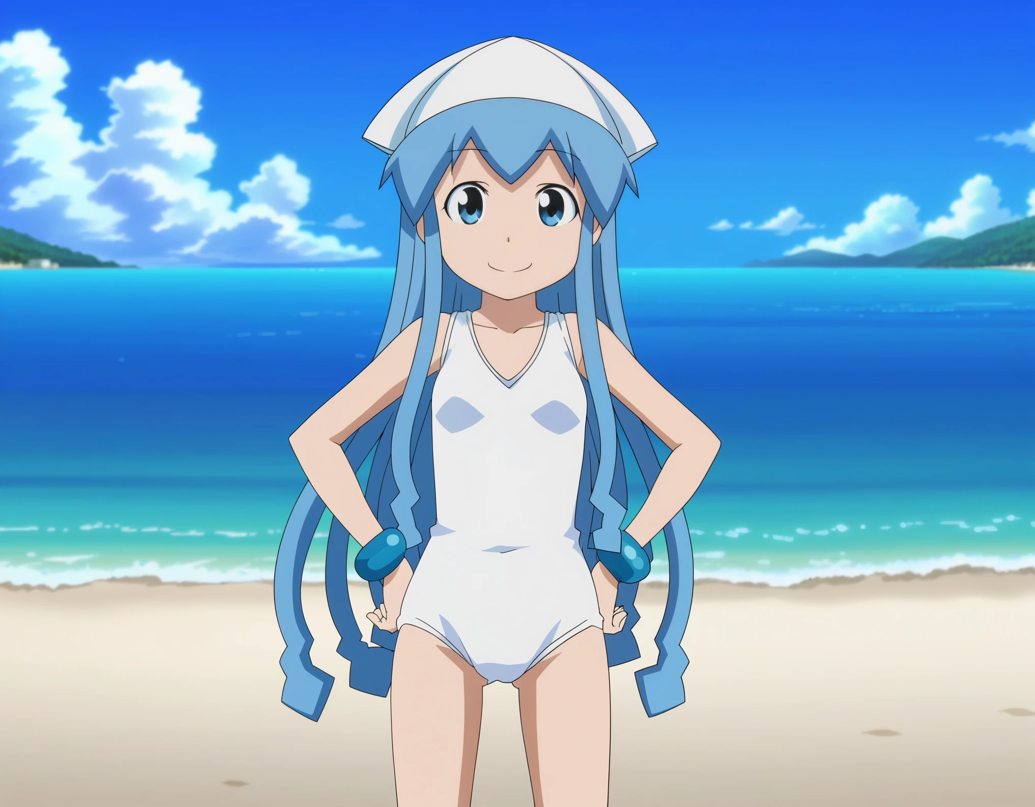 anime screencap,anime coloring, ikamusume, white swimsuit, blue hair, blue eyes, blue bracelet, squid hat, tentacle hair, one-piece swimsuit, ocean background, hands on hips, bent forward, looking at viewer, smile,