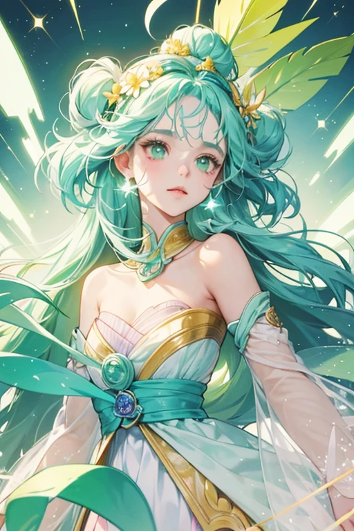 she  has a light blue body with green appendages resembling leaves. sHe has pink and light orange flowers on top of her head and green floppy ears and hair. sHe also has a white marking on his face and a yellow beak. SPARKLE; GLITTER